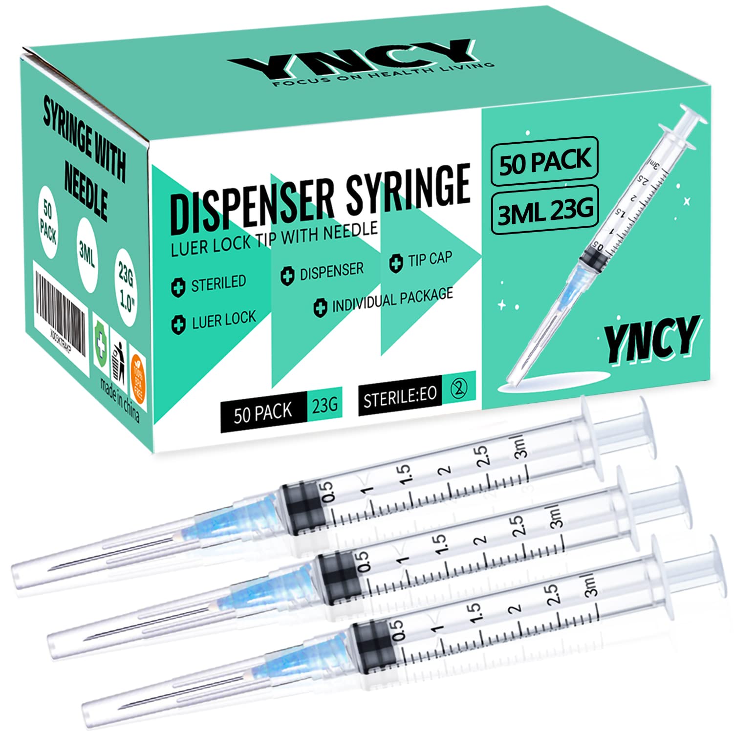 YNCY jeringa 3 ml frontal mostrando cuerpo transparente y graduaciones para precisión
