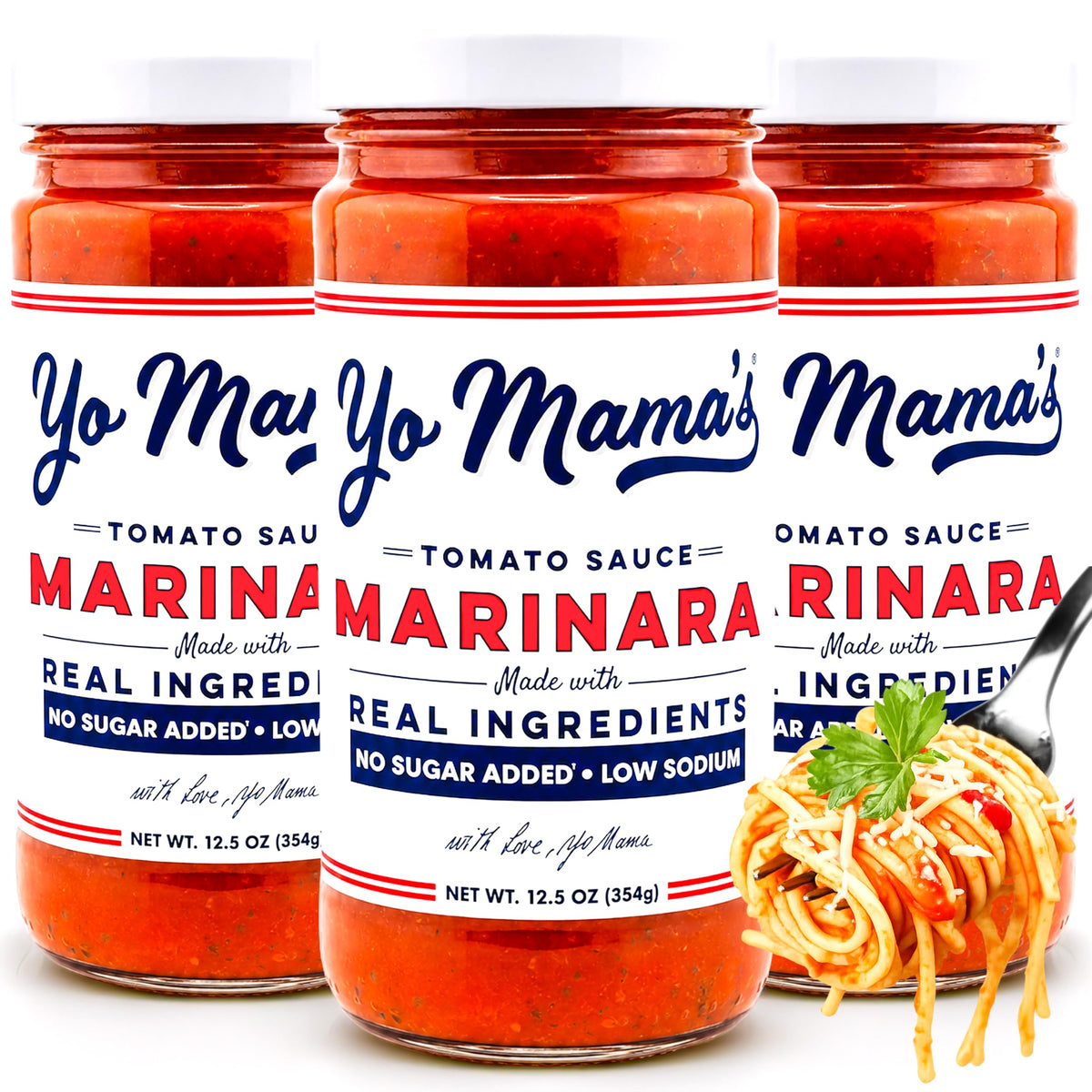 Yo Mama’s Foods frasco frontal con etiqueta clara y sabor auténtico