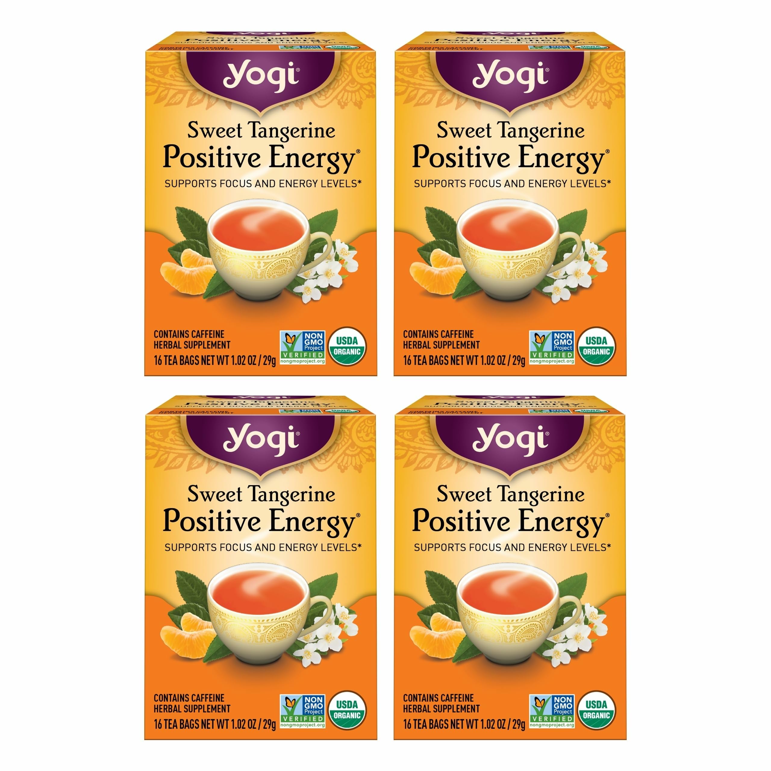 Yogi frente del empaque mostrando mandarina y energía positiva