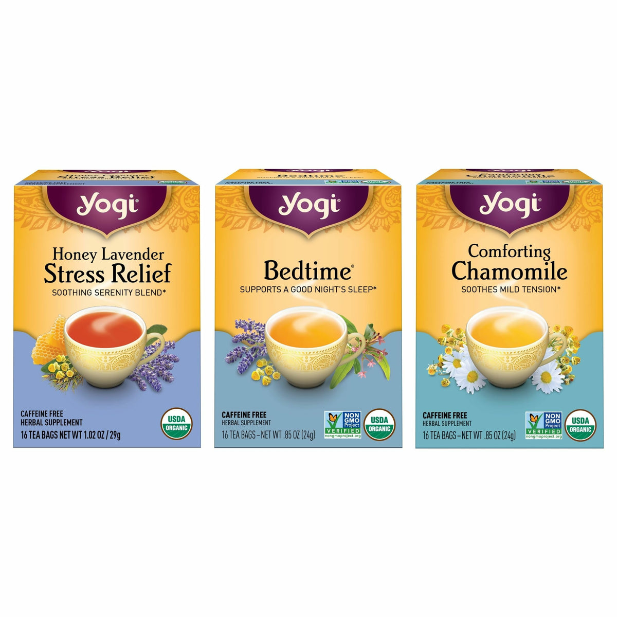 Yogi vista frontal del pack que muestra las tres cajas y beneficios de relajación