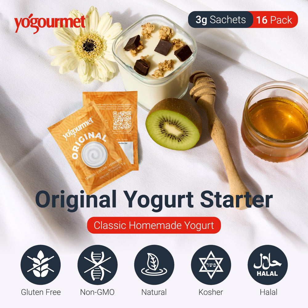 Yogourmet sobre de 3 g en primer plano listo para dosificar con facilidad