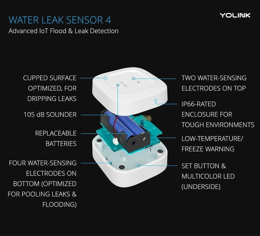Detalle de sirena 105 dB en sensor YoLink para alertas inmediatas
