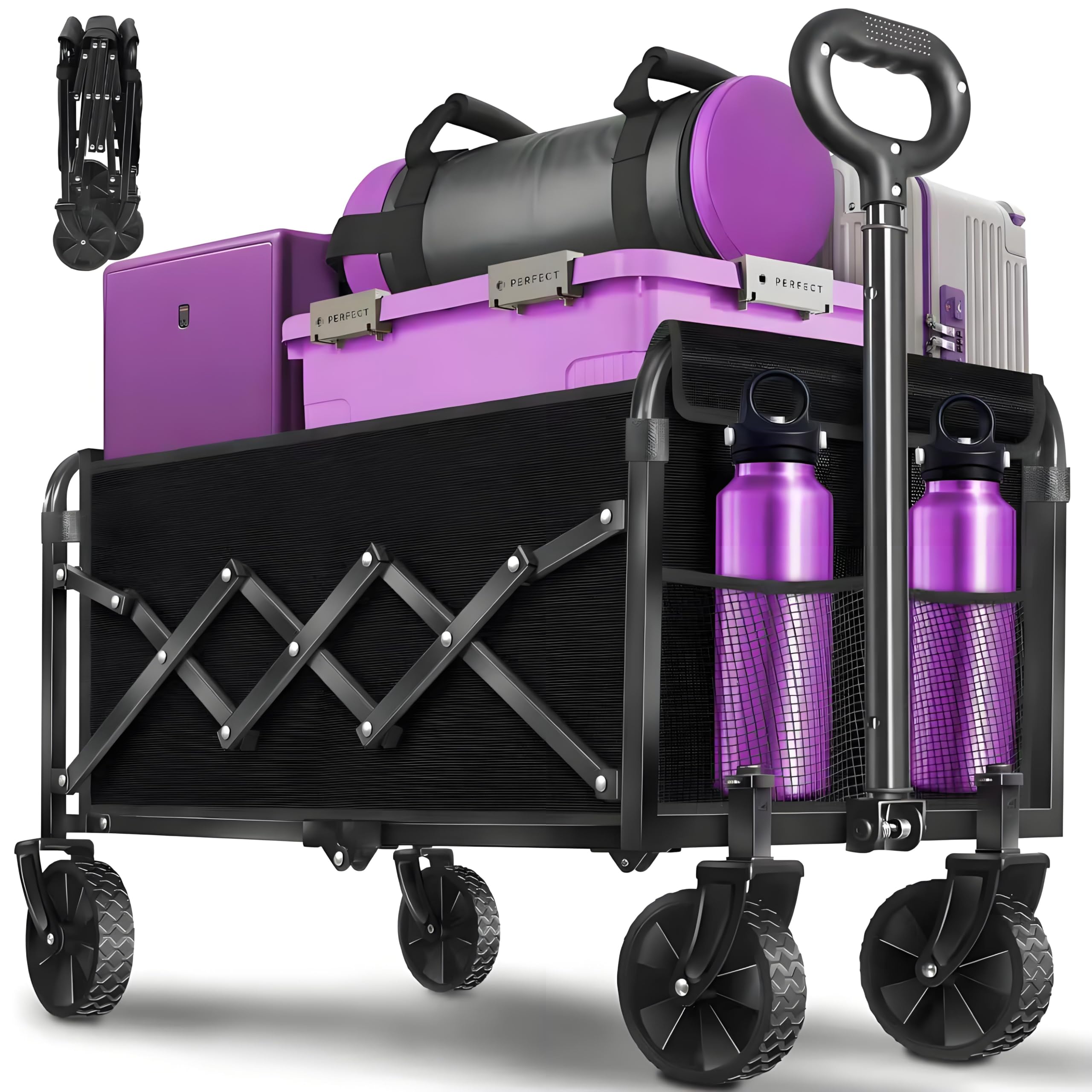 Yollber front view folded wagon showing slim compact storage benefit