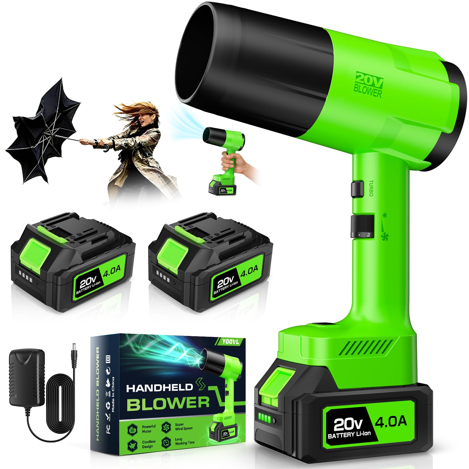 YOOVL vista frontal del soplador mostrando diseño compacto y potencia