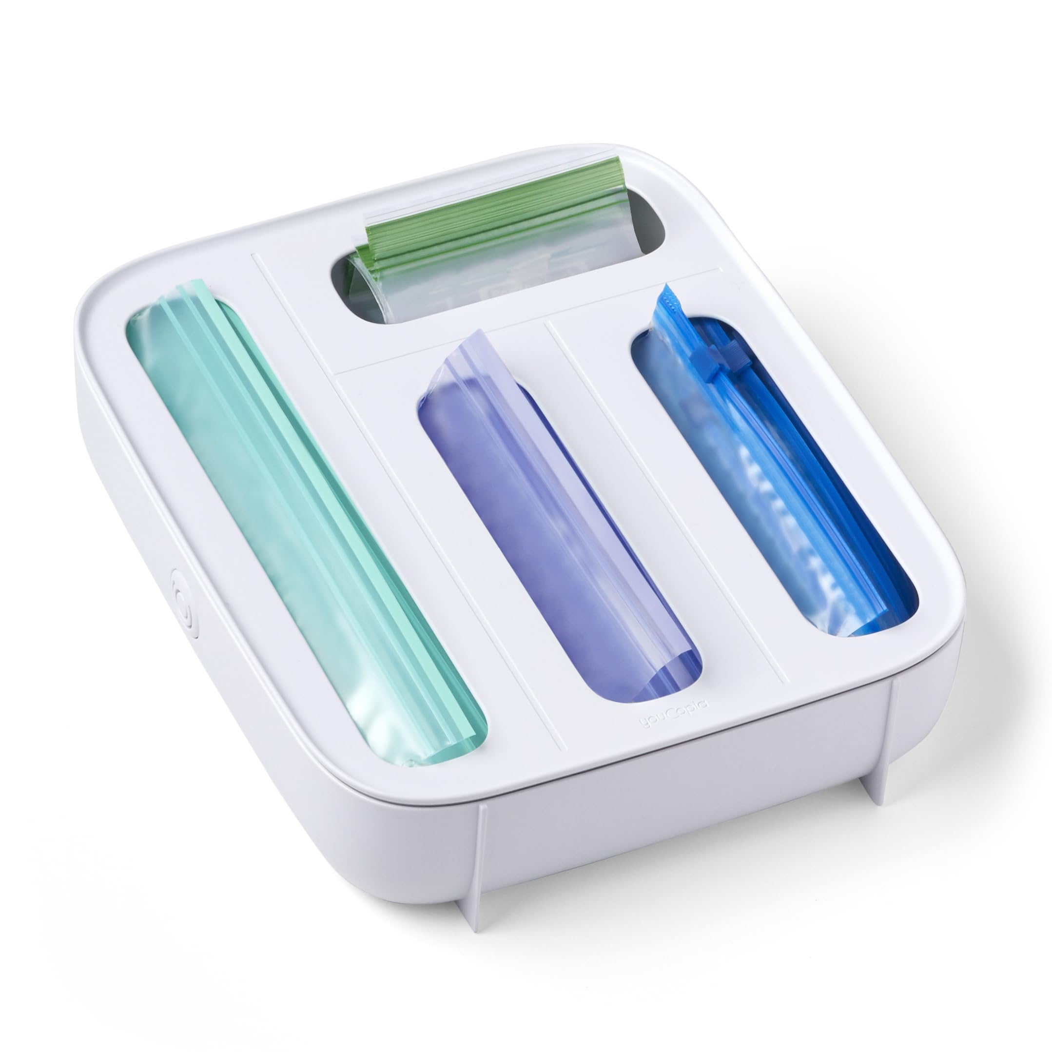 YouCopia StoraBag vista frontal del dispensador blanco, mantiene bolsas ordenadas