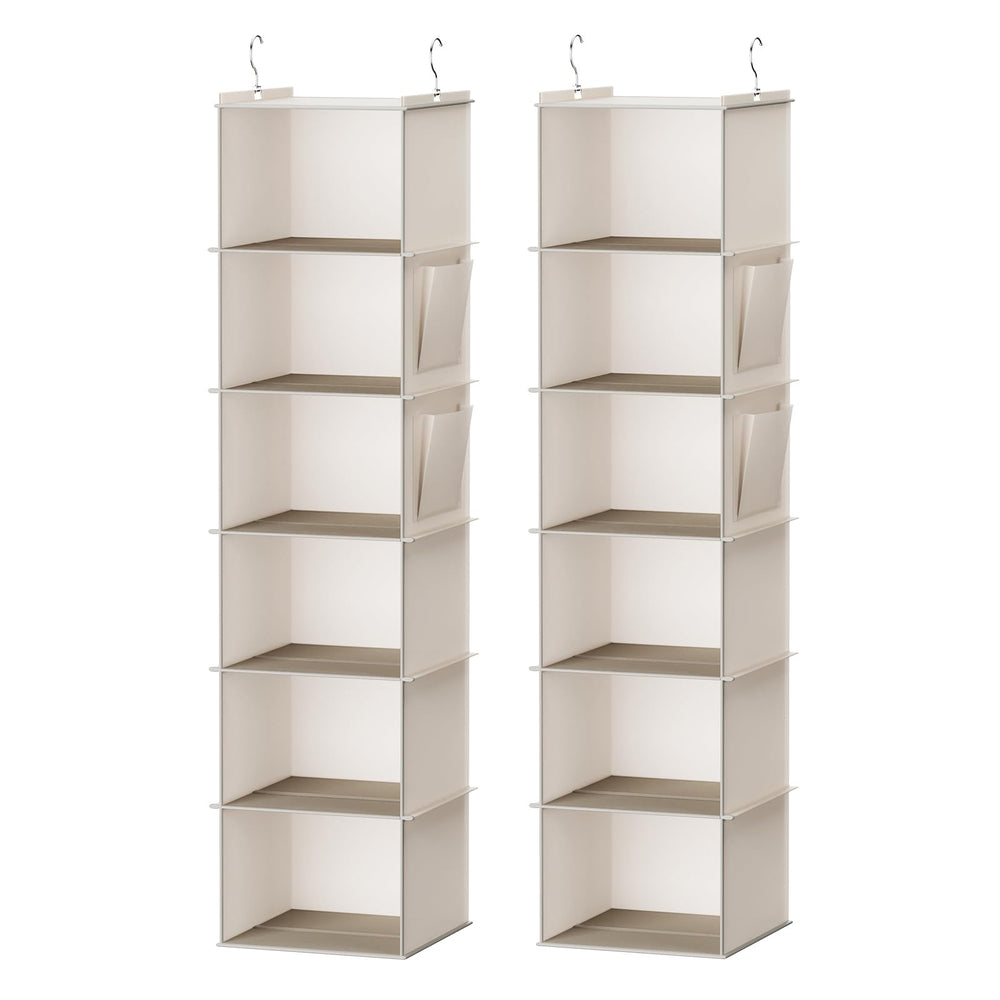 YOUDENOVA vista frontal del organizador colgante beige mostrando seis estantes y estructura estable
