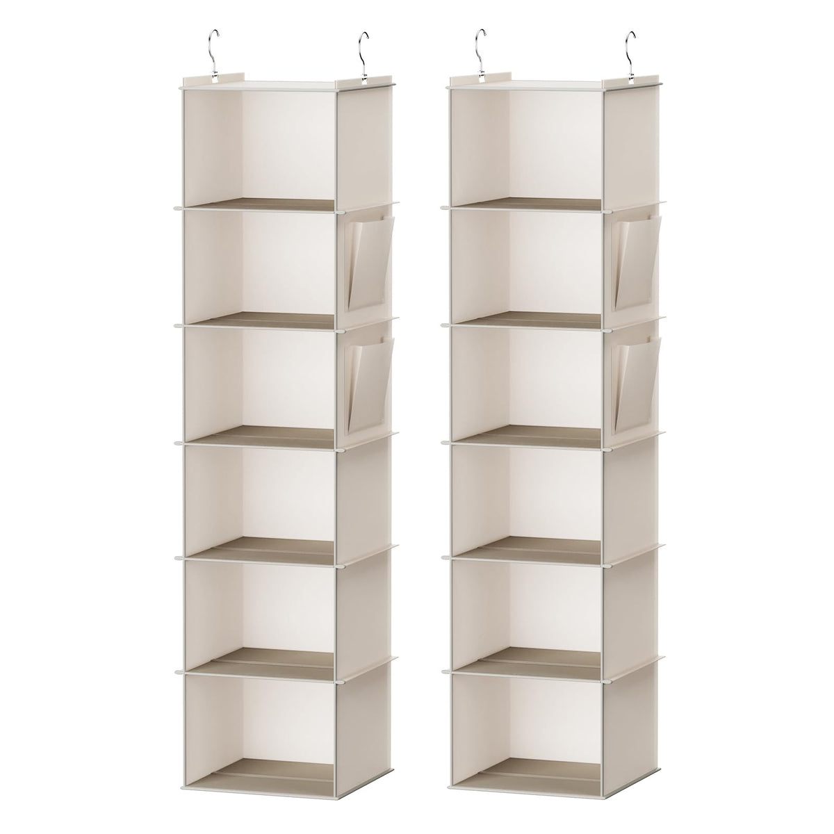 YOUDENOVA vista frontal del organizador colgante beige mostrando seis estantes y estructura estable