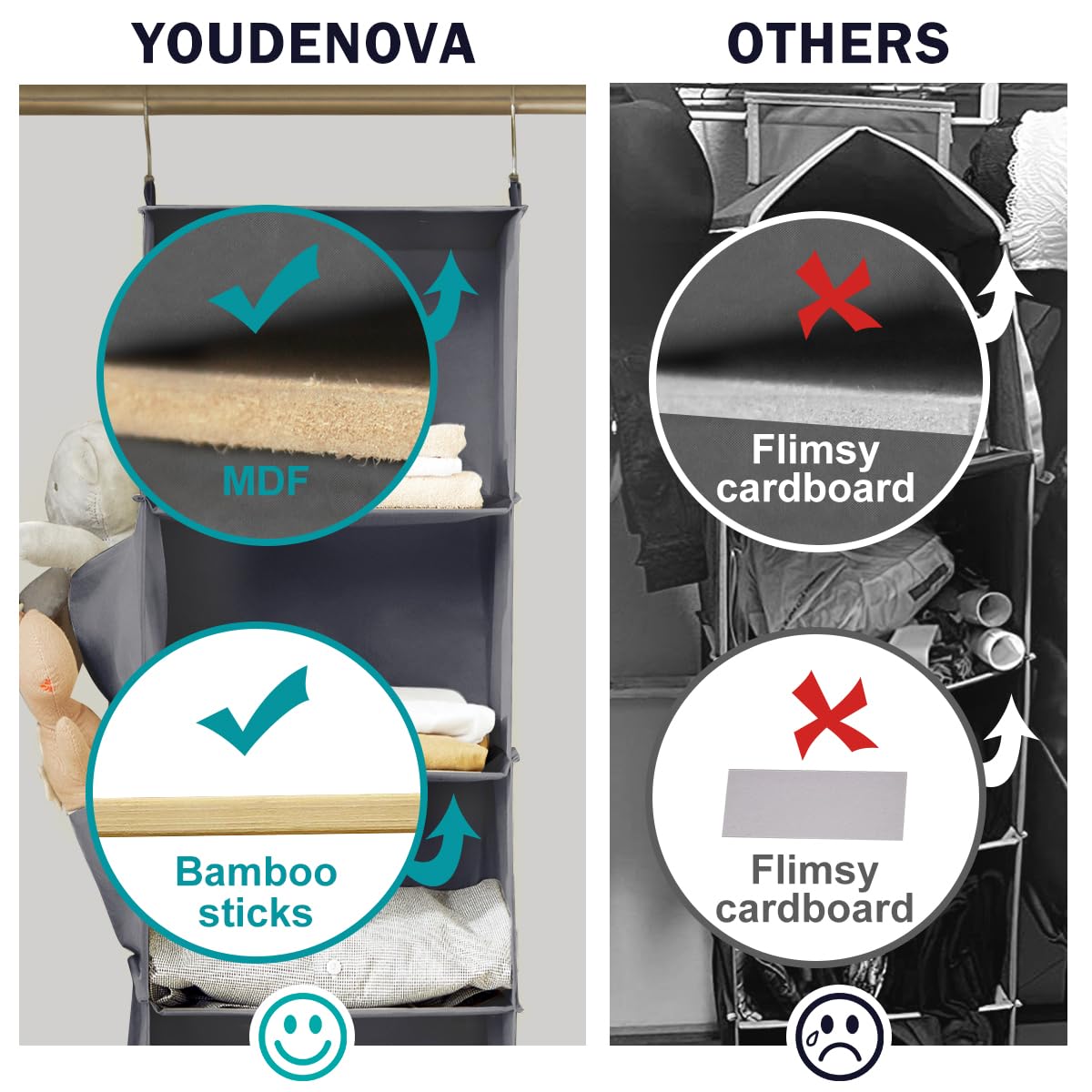 YOUDENOVA inserciones de bambú en repisa brindando estabilidad y firmeza