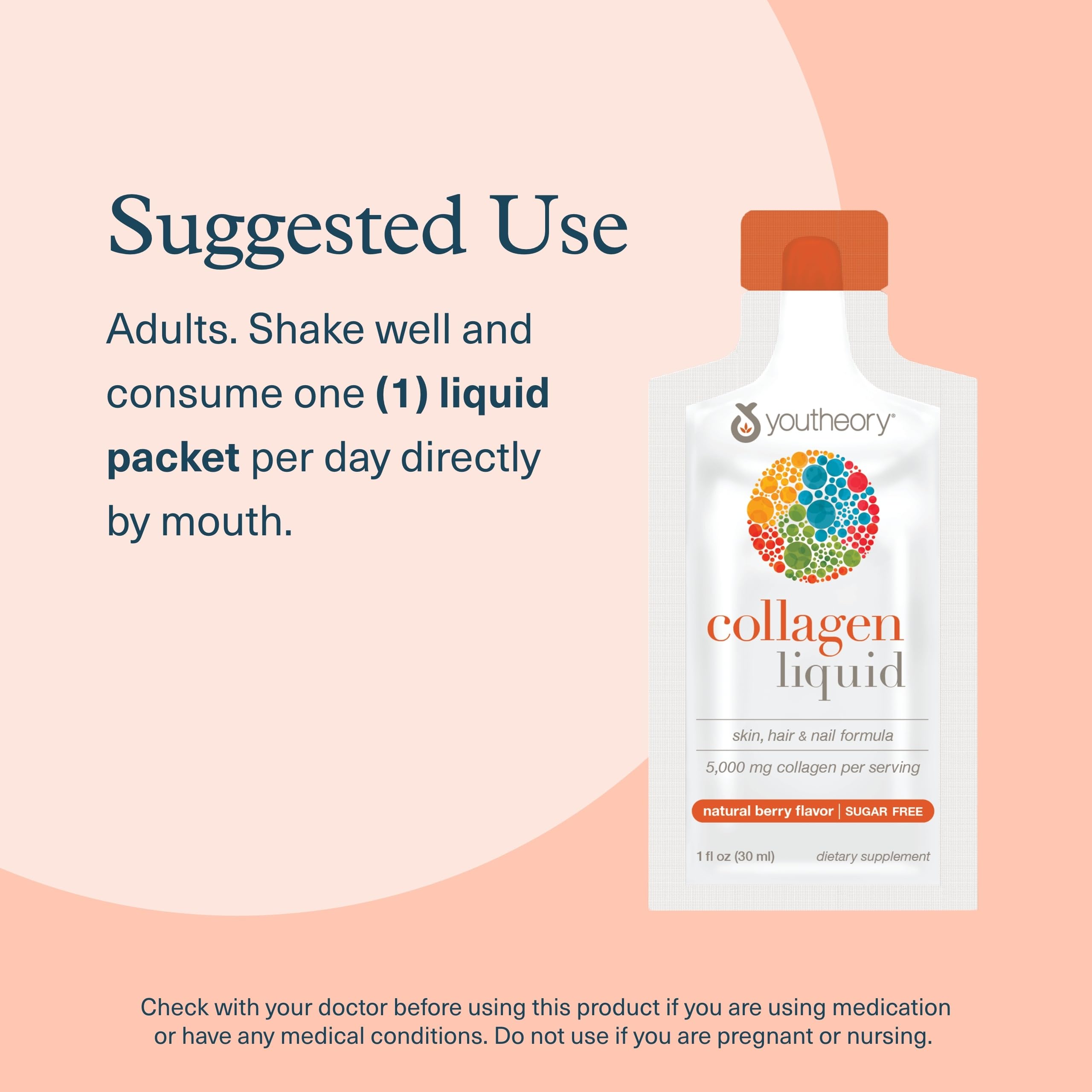 Youtheory vial sobre frutas para sugerir sabor berry y consumo agradable