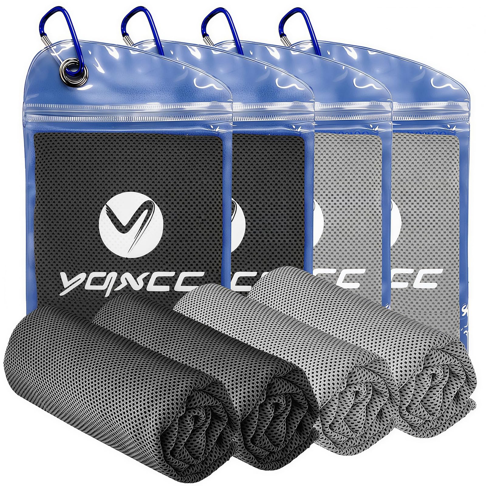 YQXCC empaque frontal del pack de 4 toallas frías mostrando dimensiones