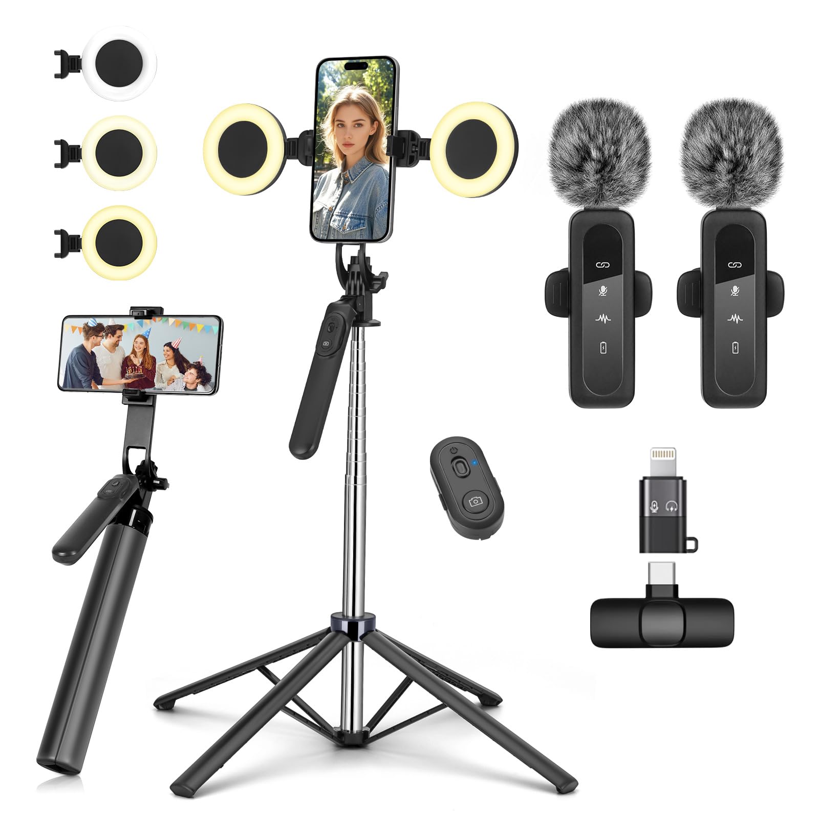 YUANRAN kit vlogging frontal mostrando todos los componentes, lista para usar