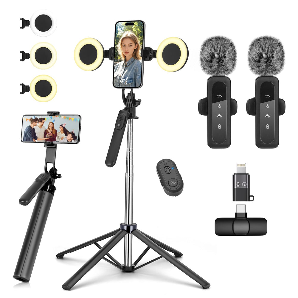 YUANRAN kit vlogging frontal mostrando todos los componentes, lista para usar