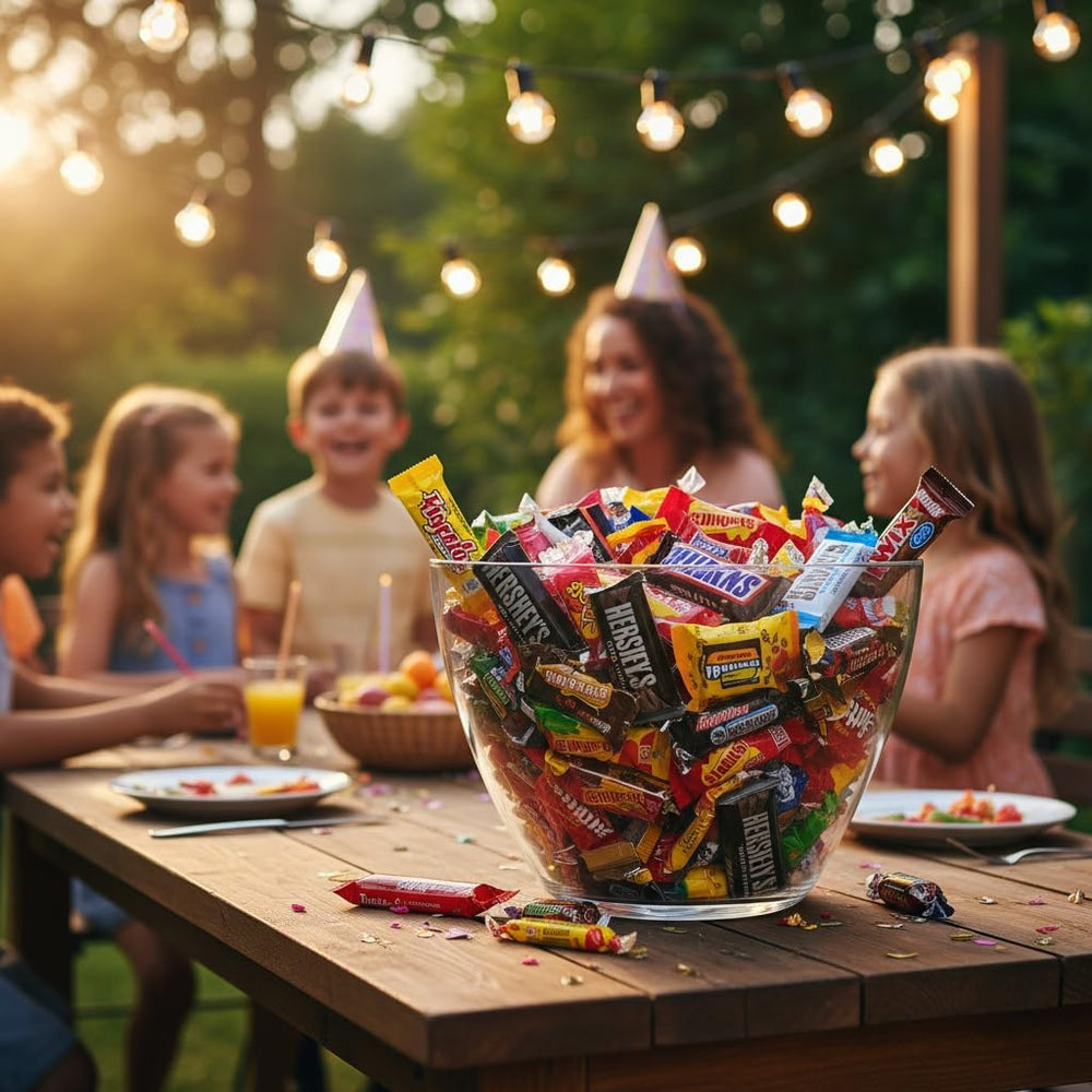 Yummy Chew comparación de escala con mano para mostrar tamaño por porción