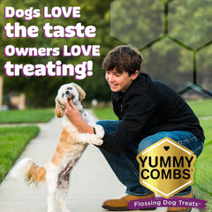 Yummy Combs perro masticando golosina promoviendo limpieza dental