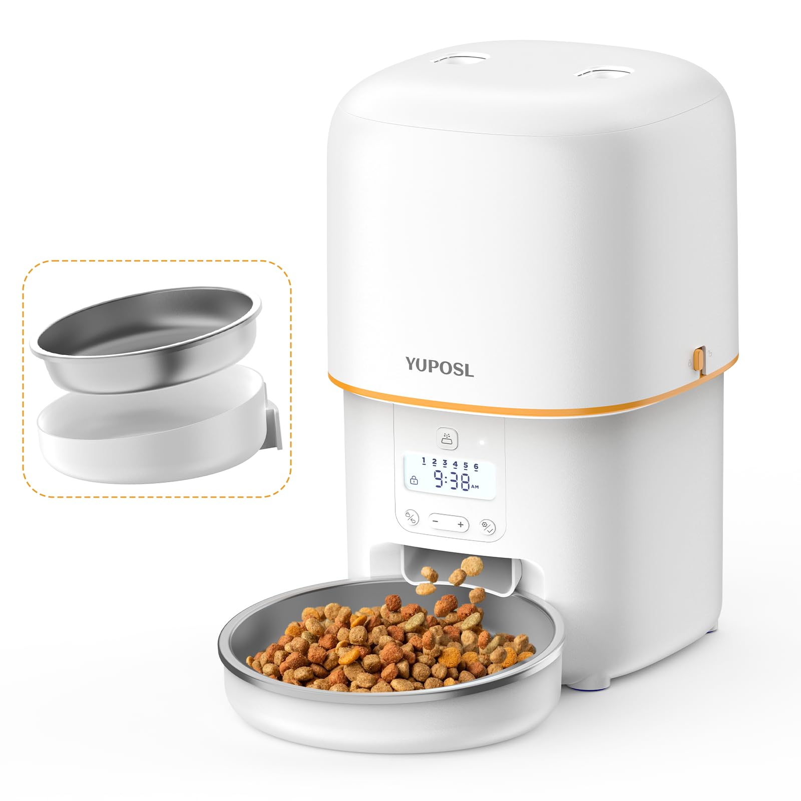 Yuposl frontal mostrando tolva y cuenco para alimentación ordenada