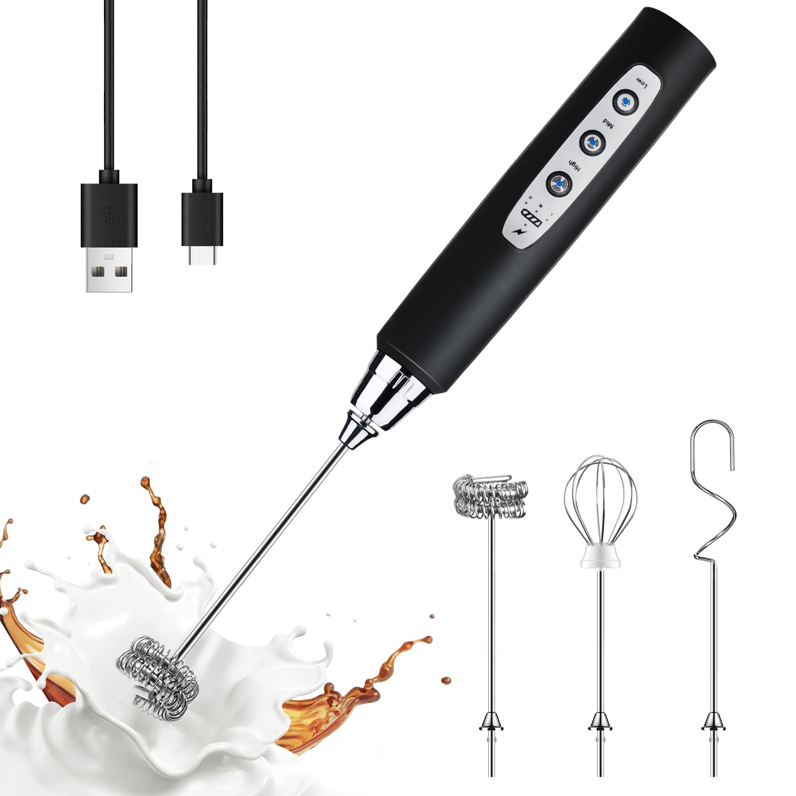 YUSWKO frother front view showing compact rechargeable design and portability