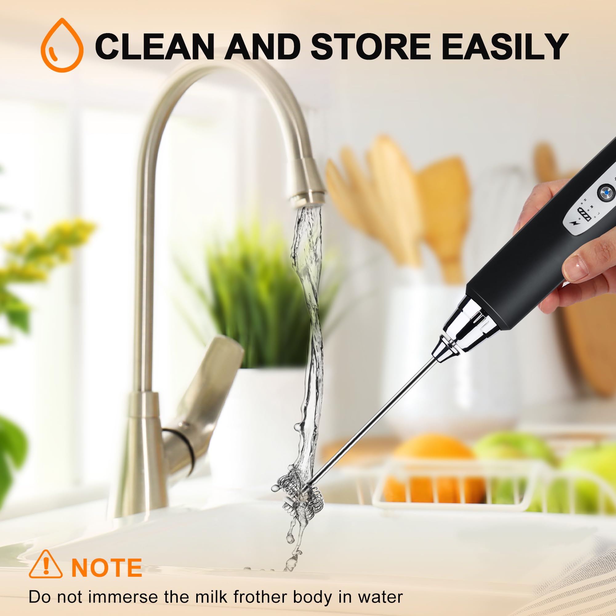 YUSWKO frother on kitchen counter demonstrating fast foam for home baristas