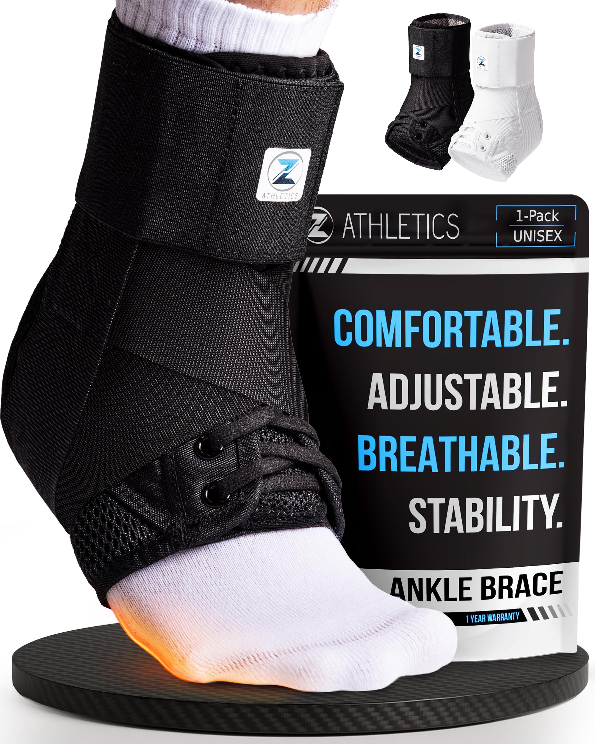 Z ATHLETICS tobillera frontal con empaque mostrando diseño y ajuste