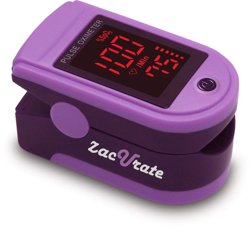 Zacurate oxímetro frontal Mystic Purple con pantalla visible y diseño portátil