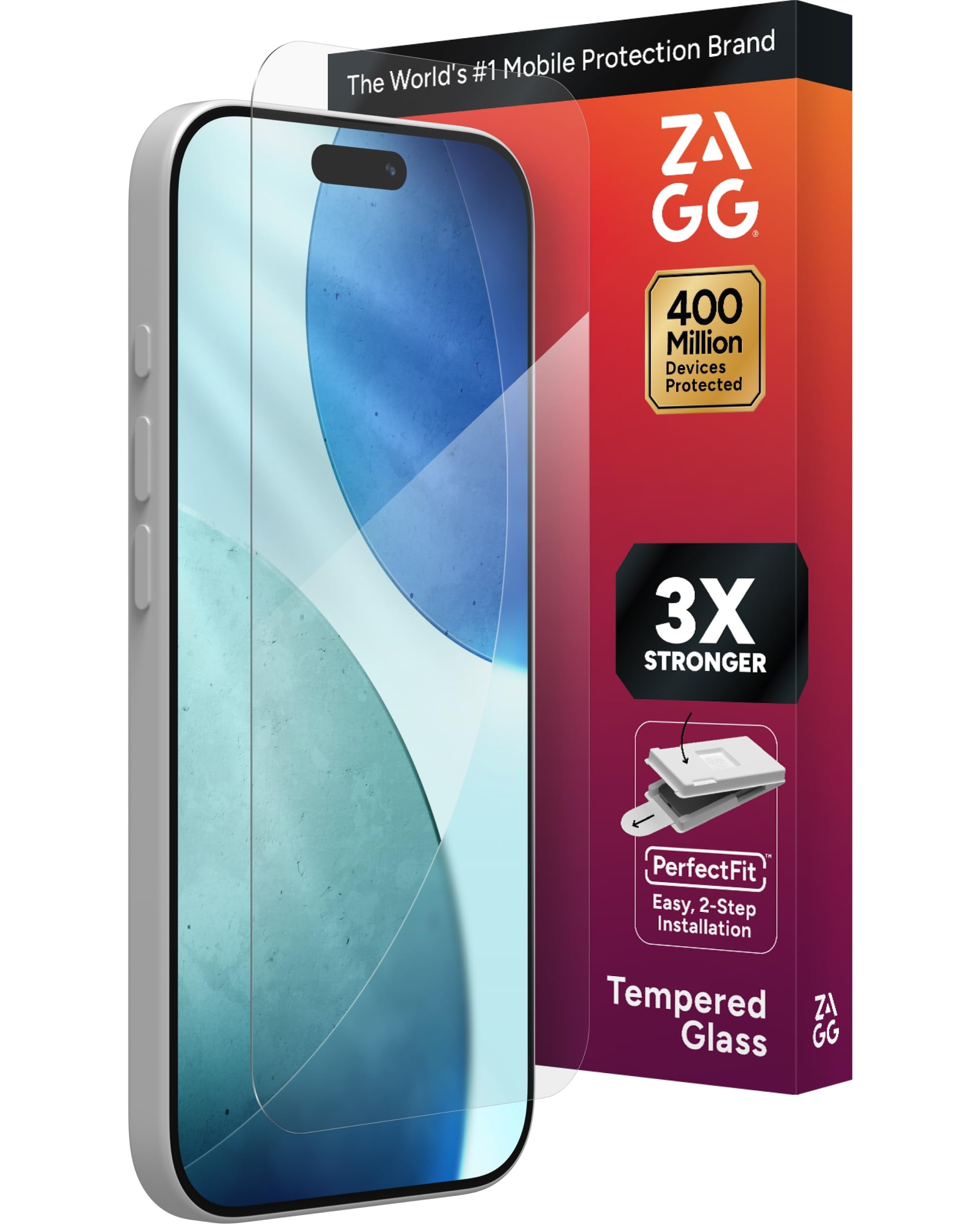 ZAGG protector frontal para iPhone 17 mostrando empaque y beneficios