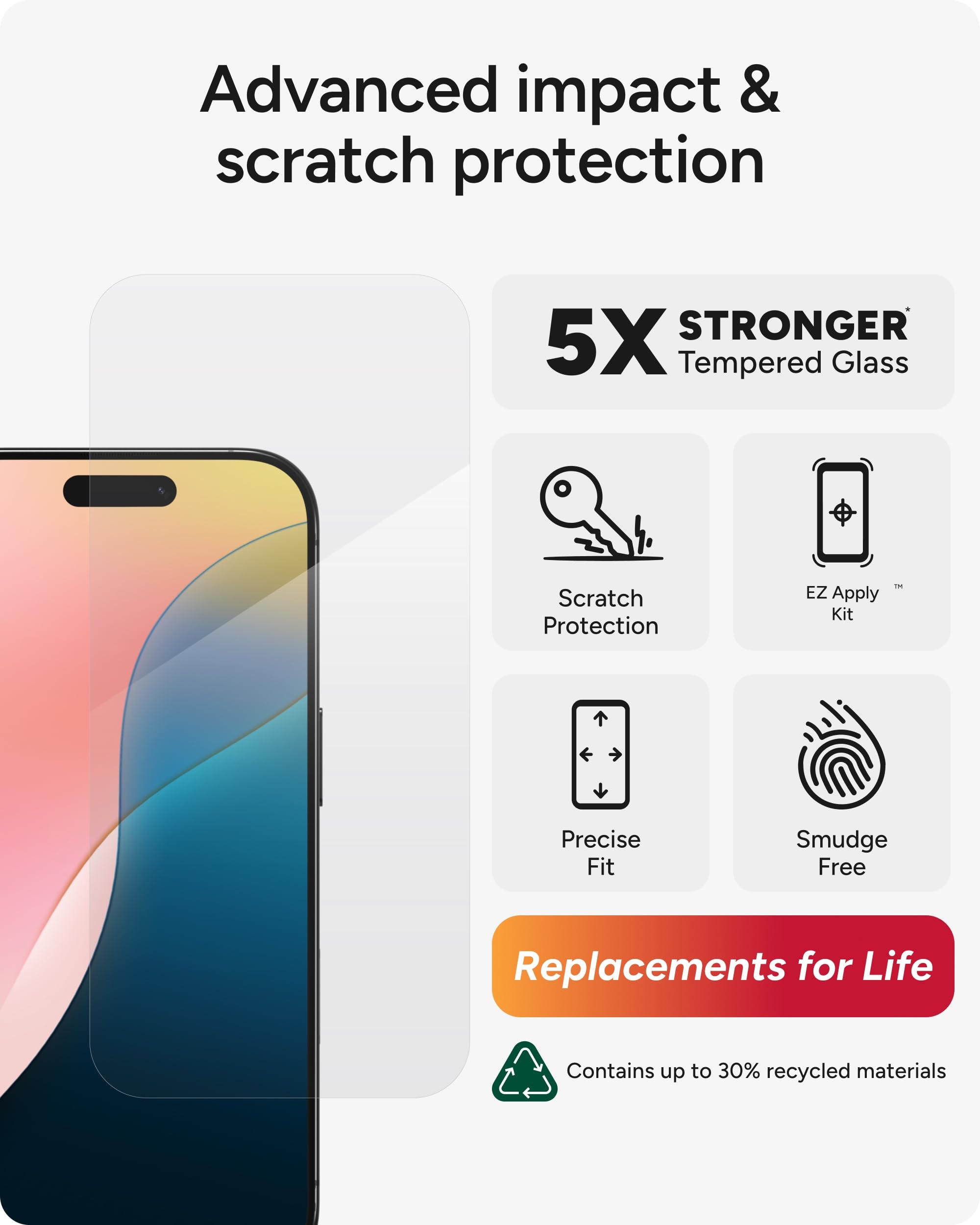 ZAGG superficie ClearPrint mostrando menos huellas y limpieza fácil