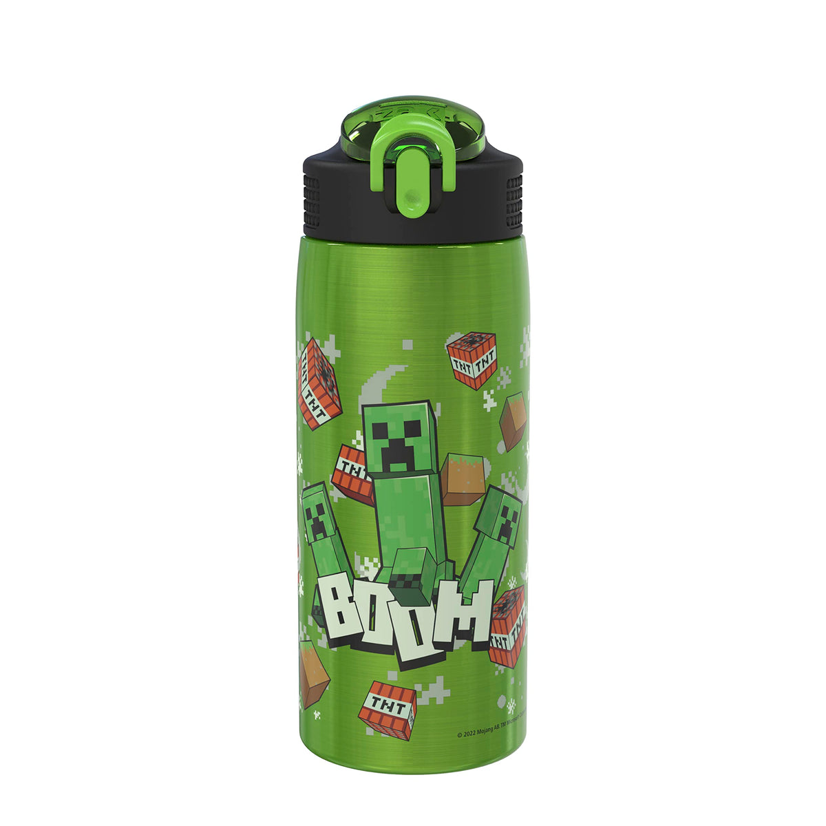 Zak Designs vista frontal de la botella con diseño Creeper, atractivo visual