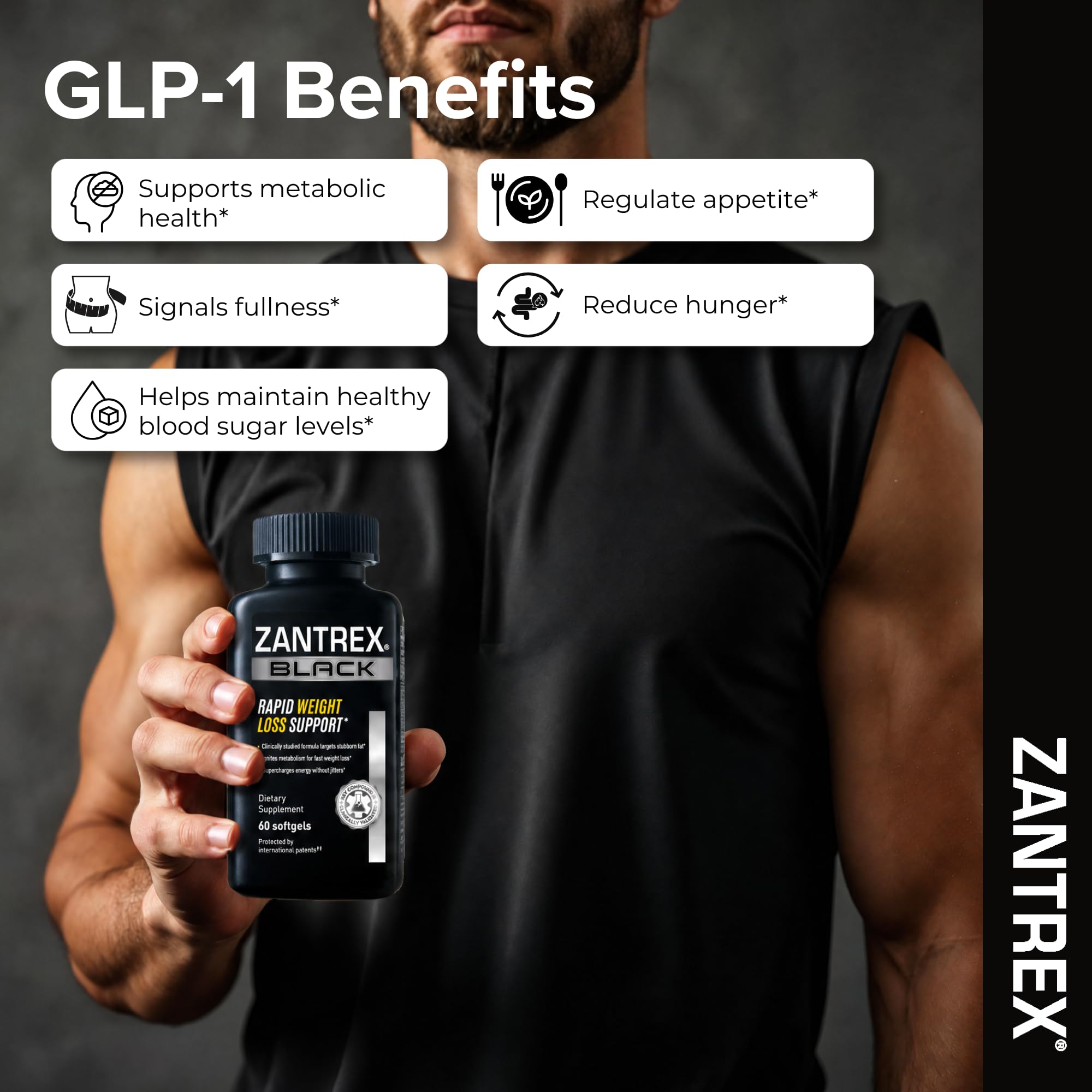 Zantrex etiqueta con ingredientes clave y beneficios visibles