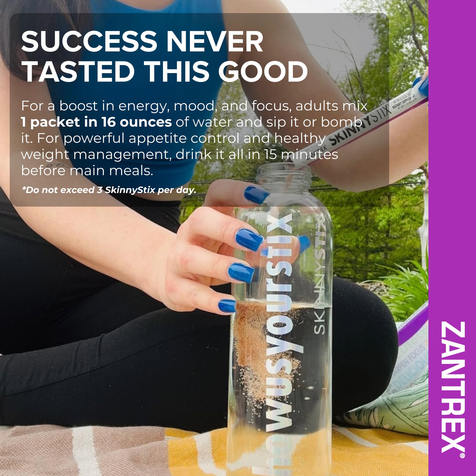 Zantrex escenario lifestyle con sobre y botella mostrando uso cotidiano
