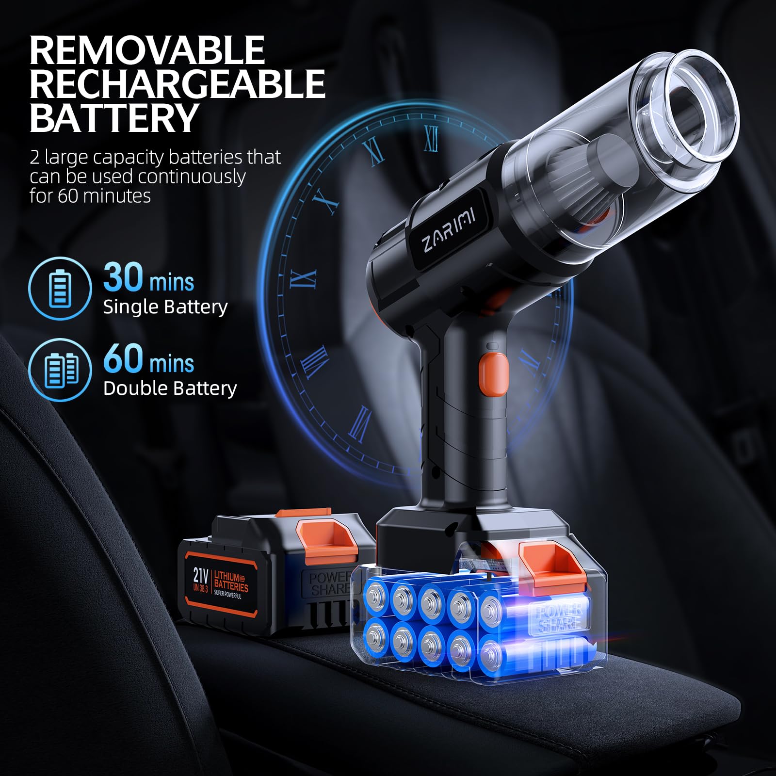 ZARIMI en uso dentro de un coche limpiando asientos y hendiduras eficazmente