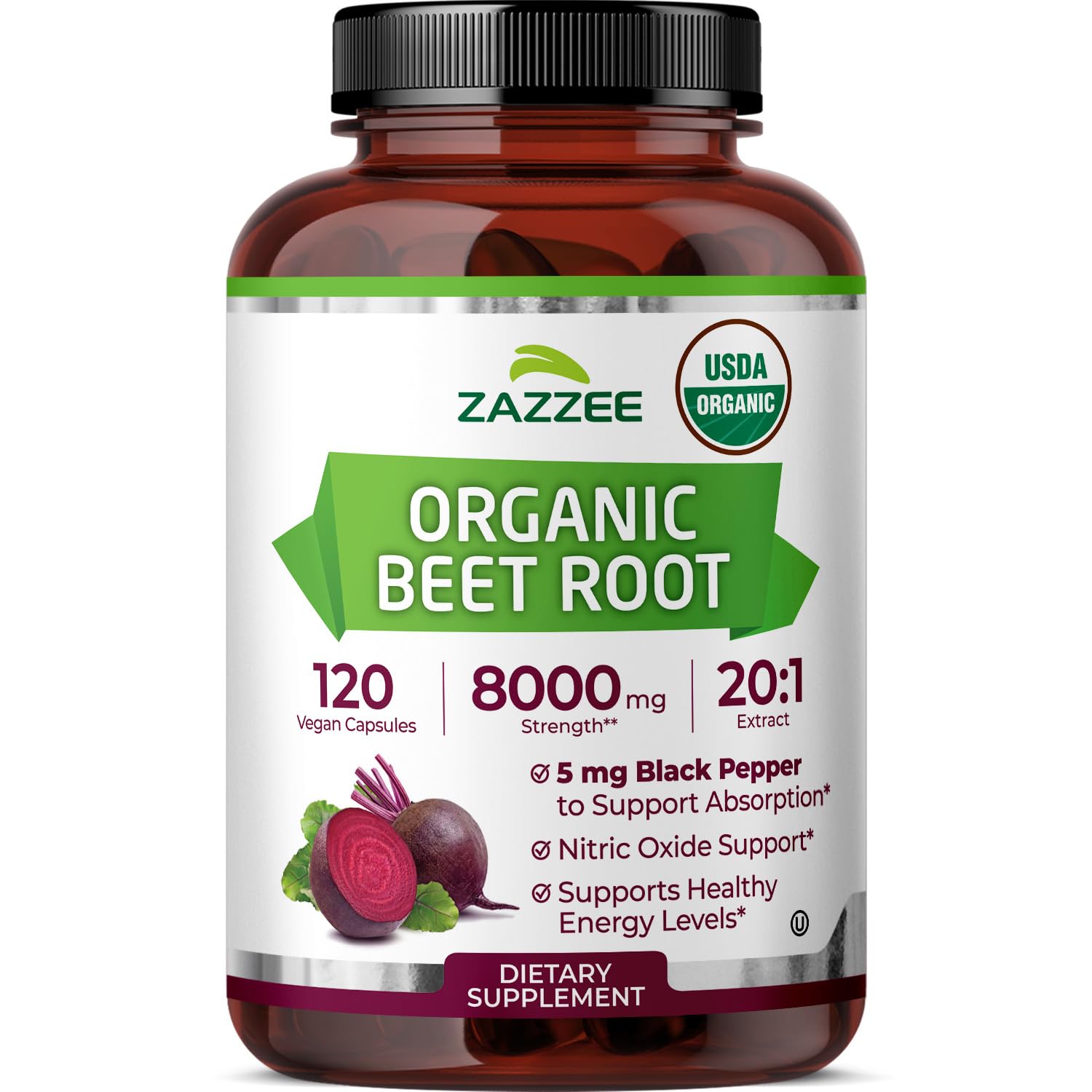Zazzee front bottle view emphasizing organic certification and clear benefits