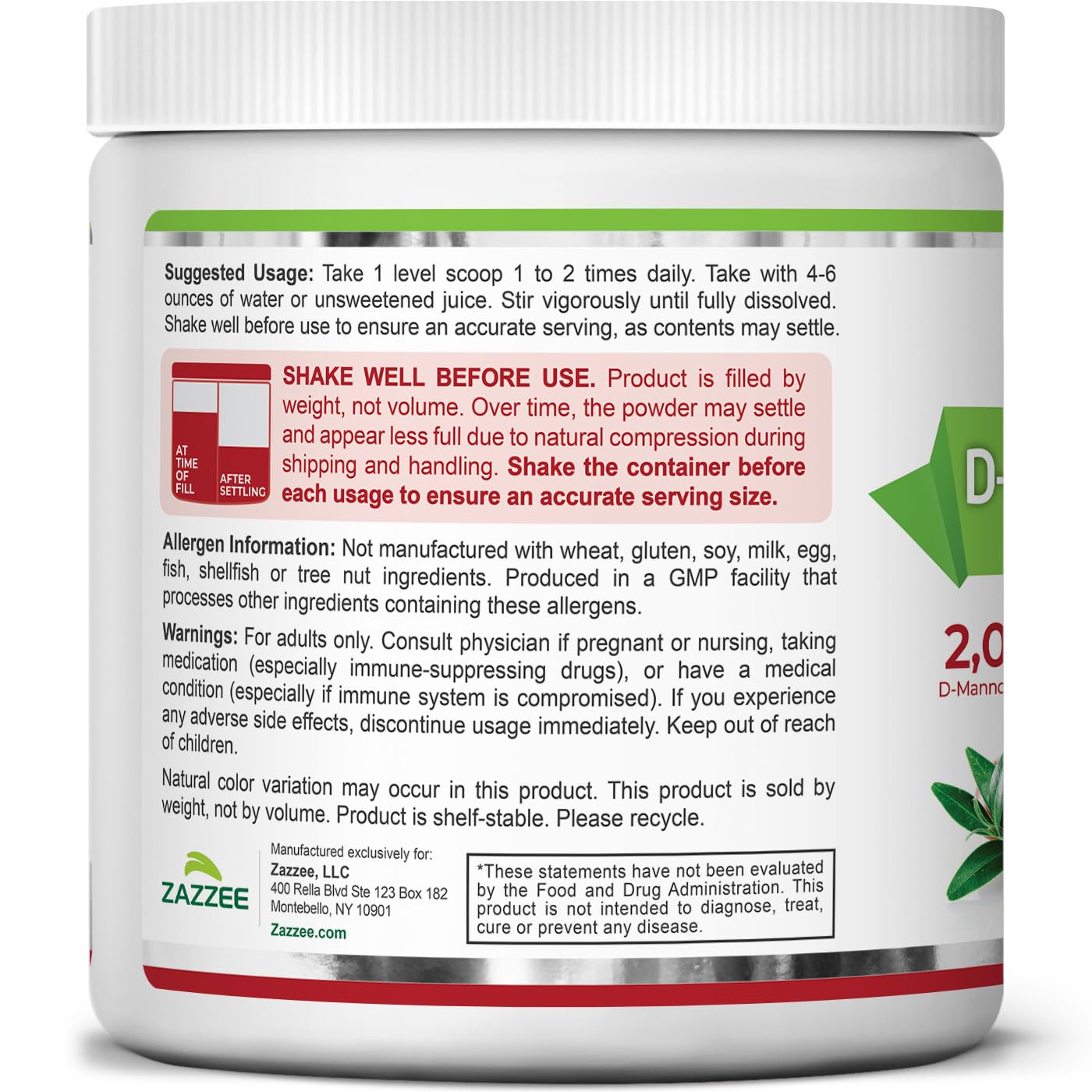 Zazzee primer plano de la etiqueta con ingredientes y dosis claras