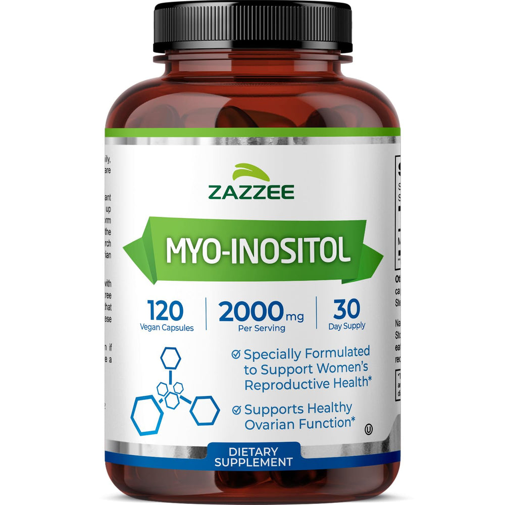Zazzee envase frontal mostrando Myo-Inositol 2000 mg y beneficio de dosificación clara