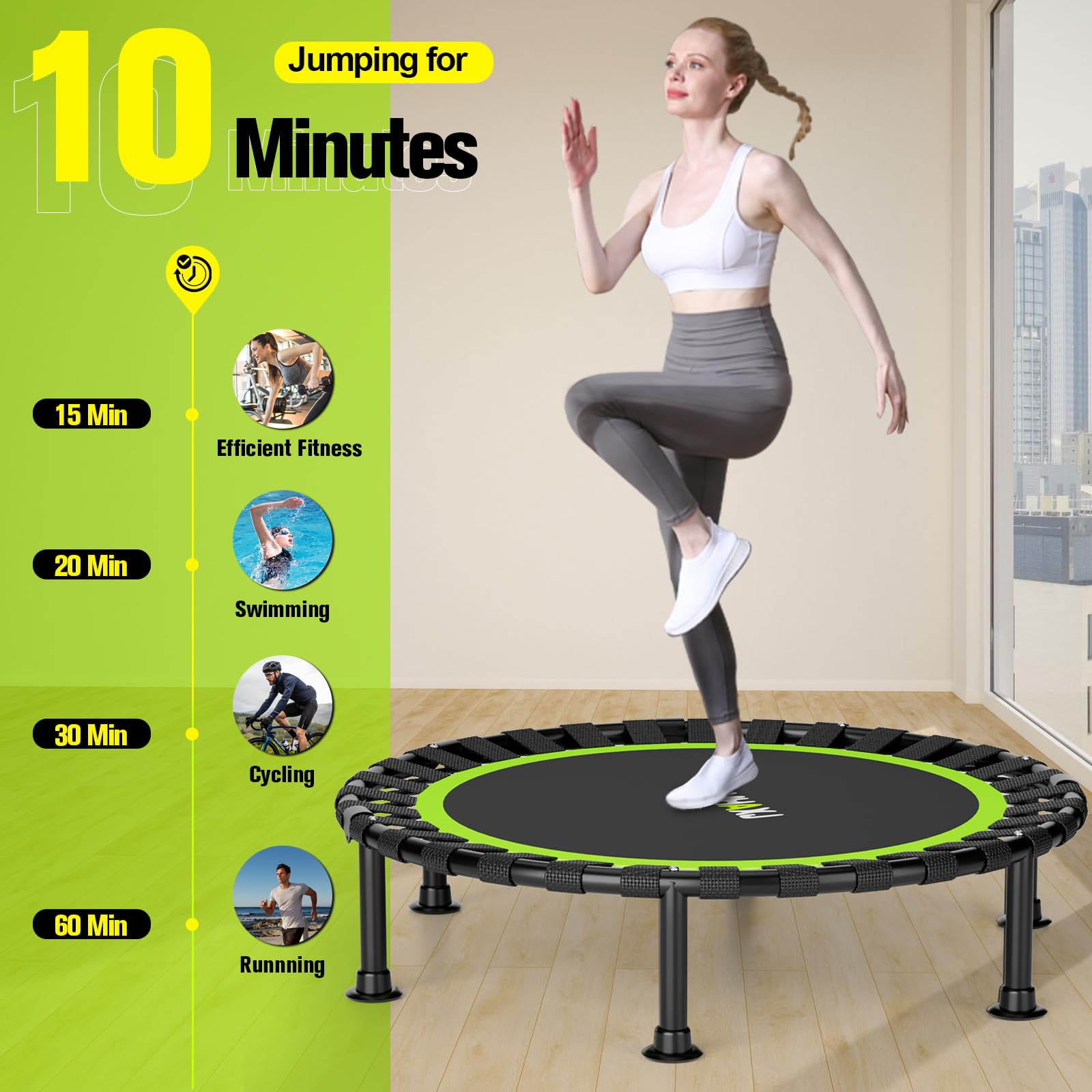 ZCMHAXJ trampolín junto a persona para comparar tamaño y espacio de entrenamiento