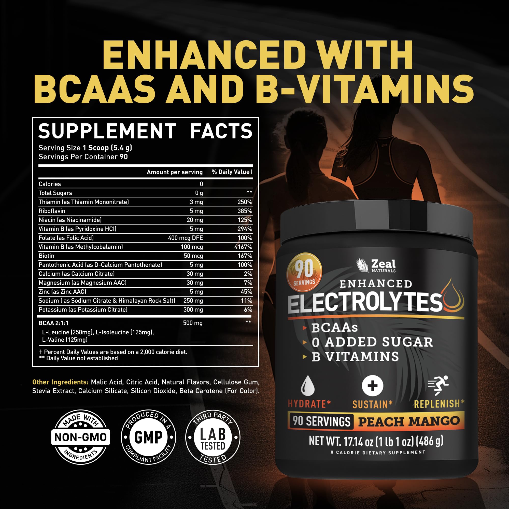 Detalle de etiqueta Zeal Naturals con lista de electrolitos y vitaminas