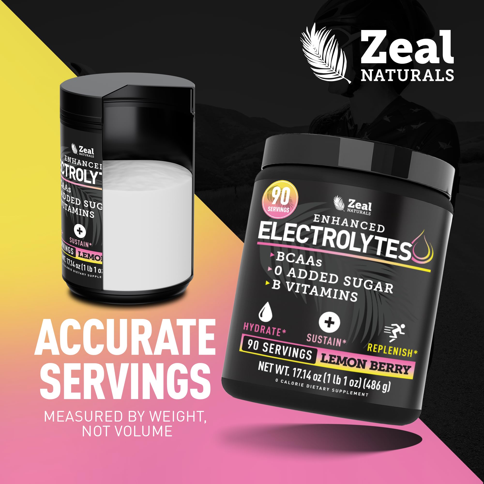 Zeal Naturals etiqueta con lista de electrolitos, BCAA y vitaminas B detallada