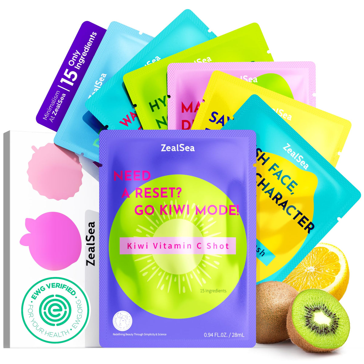 ZealSea pack frontal mostrando las 7 mascarillas y sus beneficios