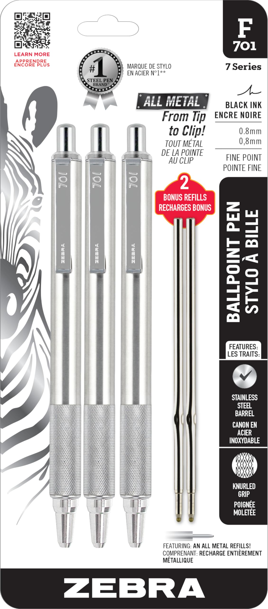 Zebra Pen F-701 vista frontal del paquete mostrando diseño metálico y profesionalidad