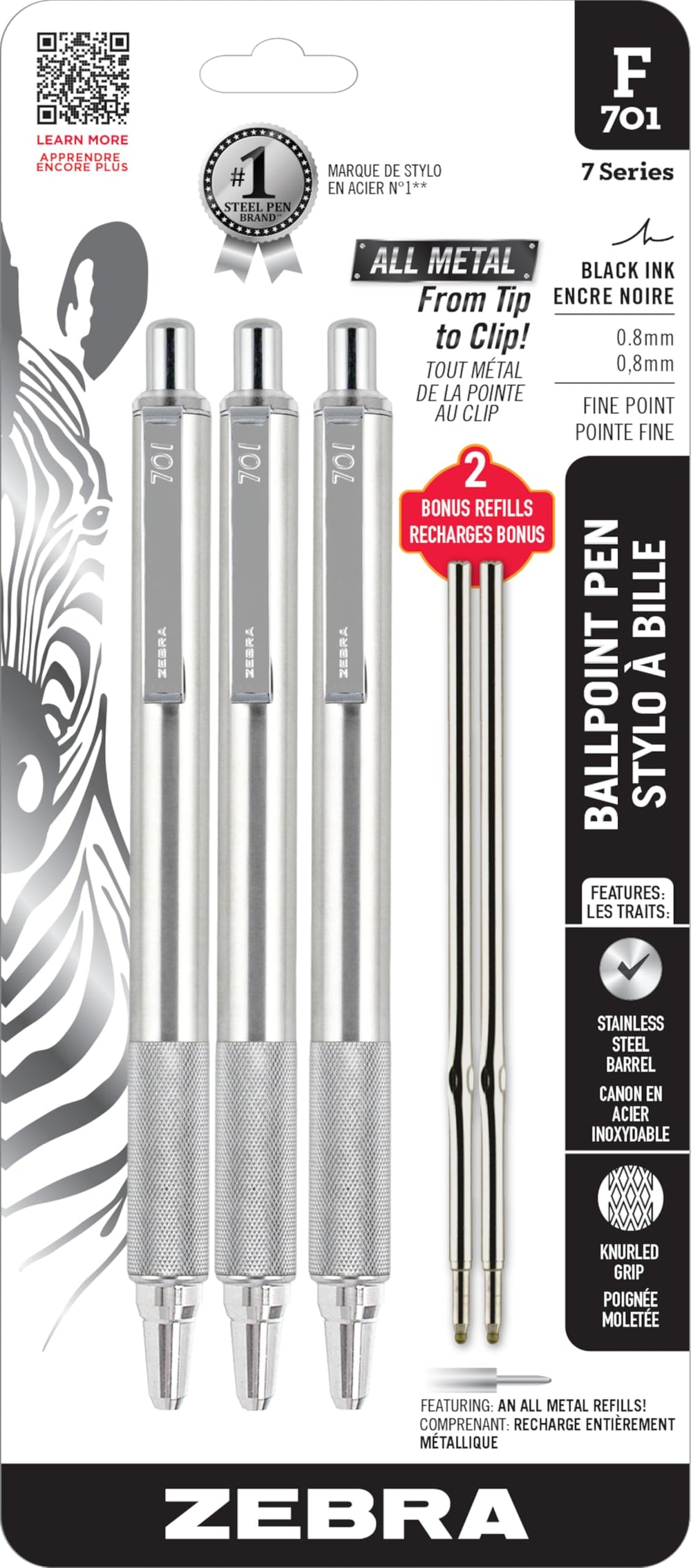 Zebra Pen F-701 vista frontal del paquete mostrando diseño metálico y profesionalidad