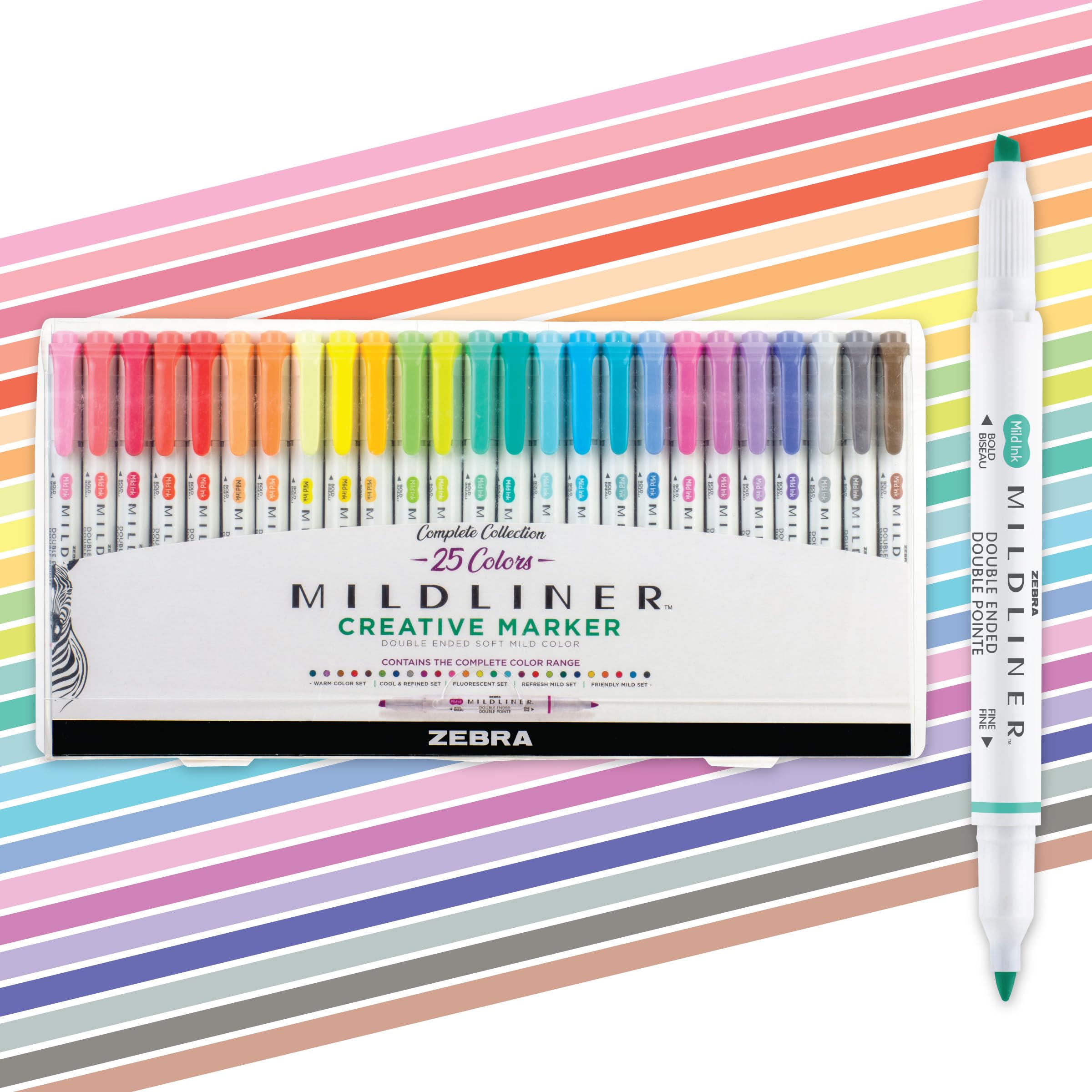 Zebra Pen frontal del empaque mostrando los 25 colores y beneficio organización