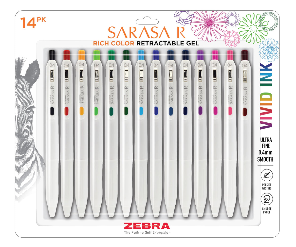 Zebra Pen pack frontal mostrando 14 colores vivos y diseño elegante
