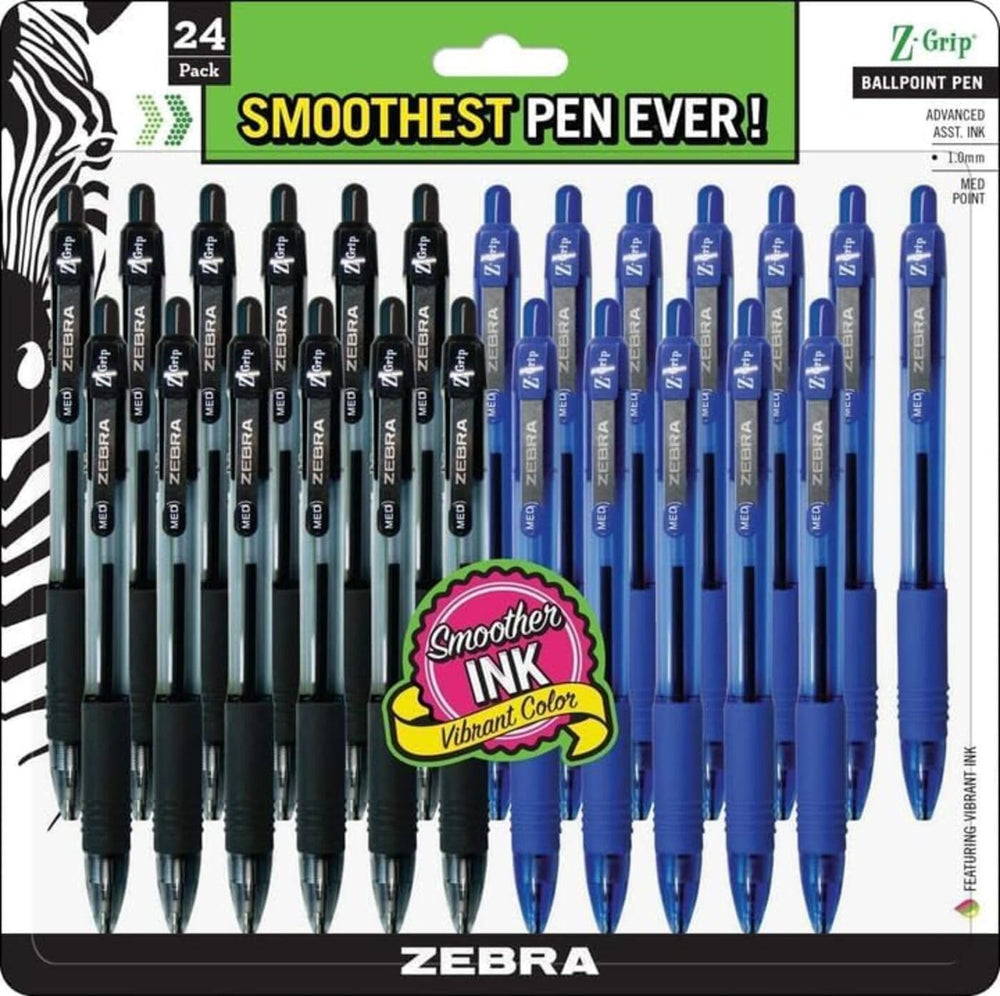 Zebra Z-Grip vista frontal del paquete, práctico surtido de 24 bolígrafos