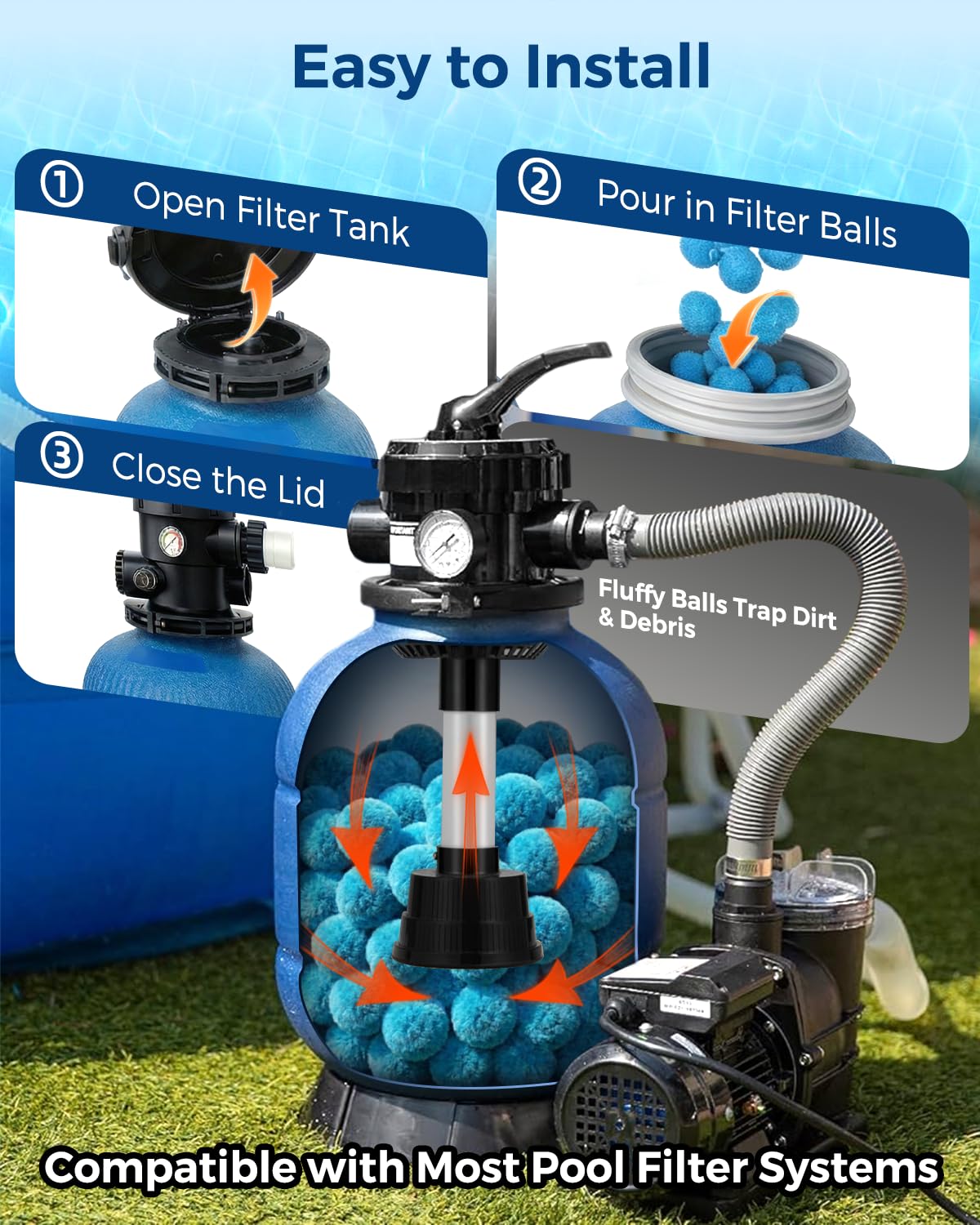 Zeinunk filter balls next to hand showing compact, lightweight handling benefit