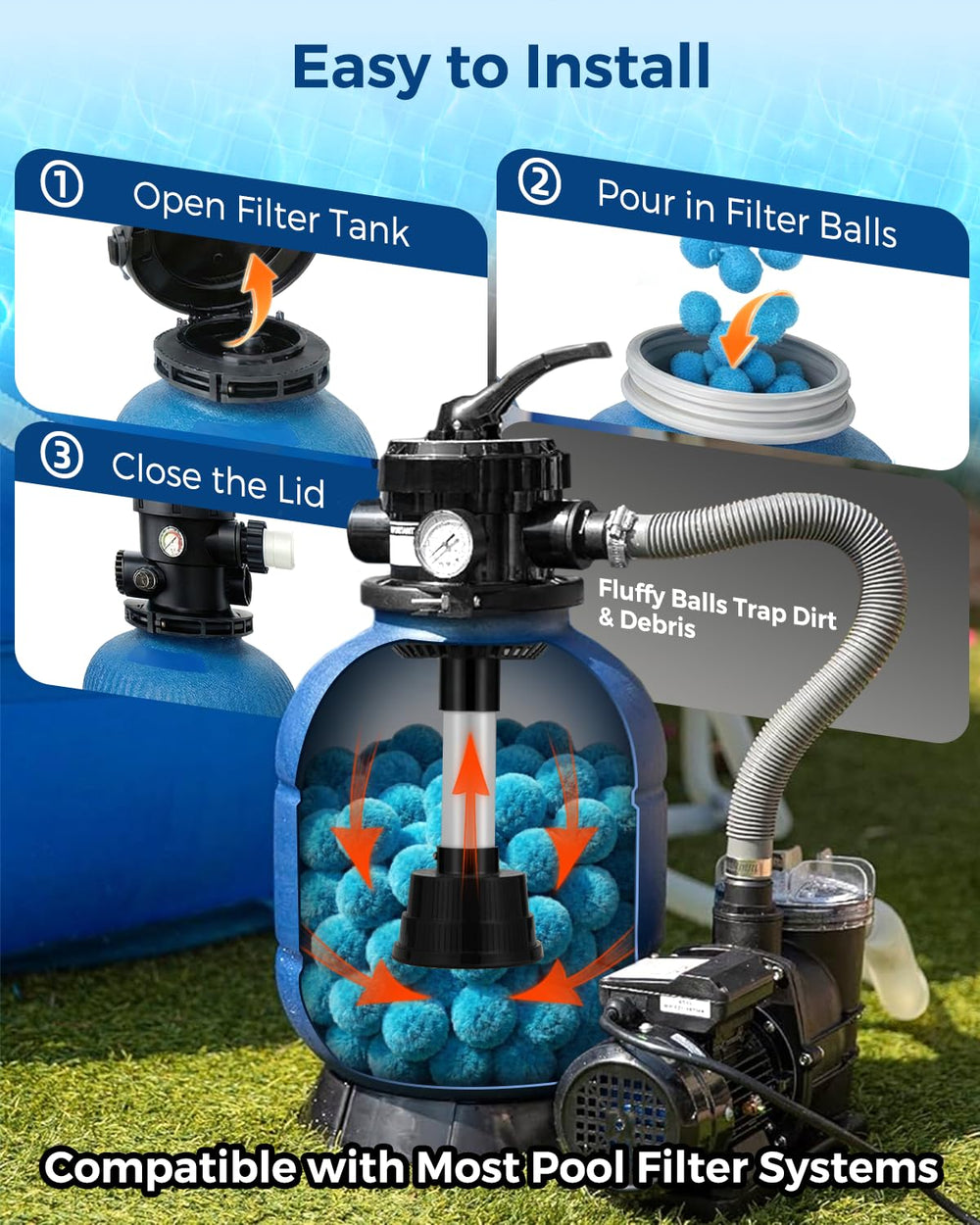 Zeinunk filter balls next to hand showing compact, lightweight handling benefit