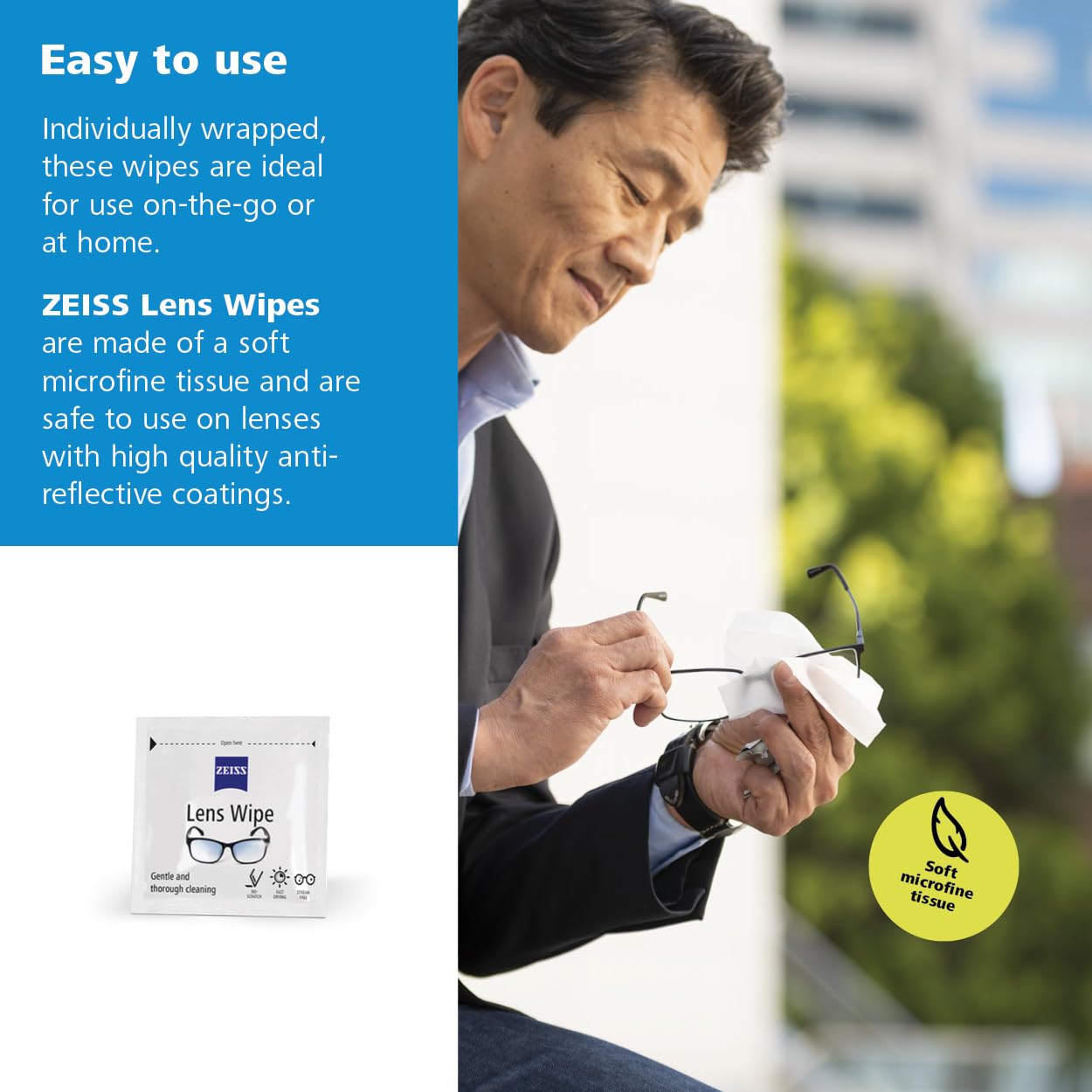ZEISS toallita en mano para comparar tamaño y uso cómodo