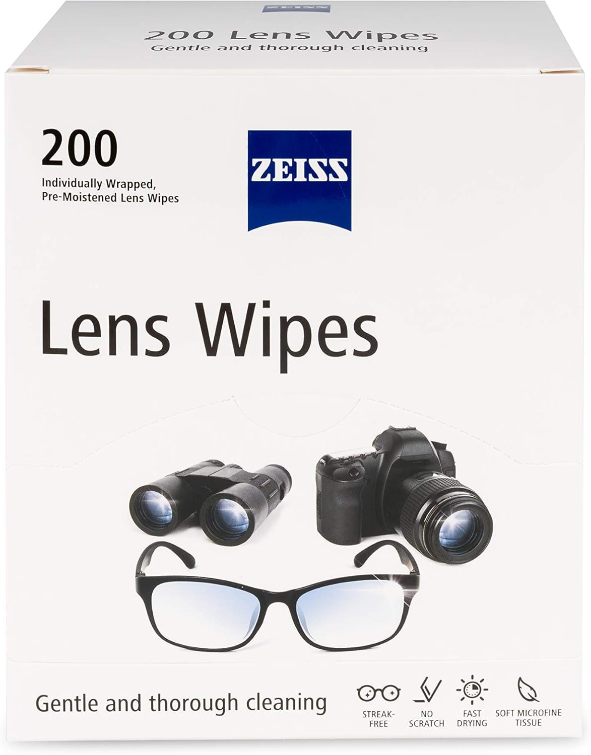 ZEISS paquete frontal mostrando 200 toallitas para limpieza segura