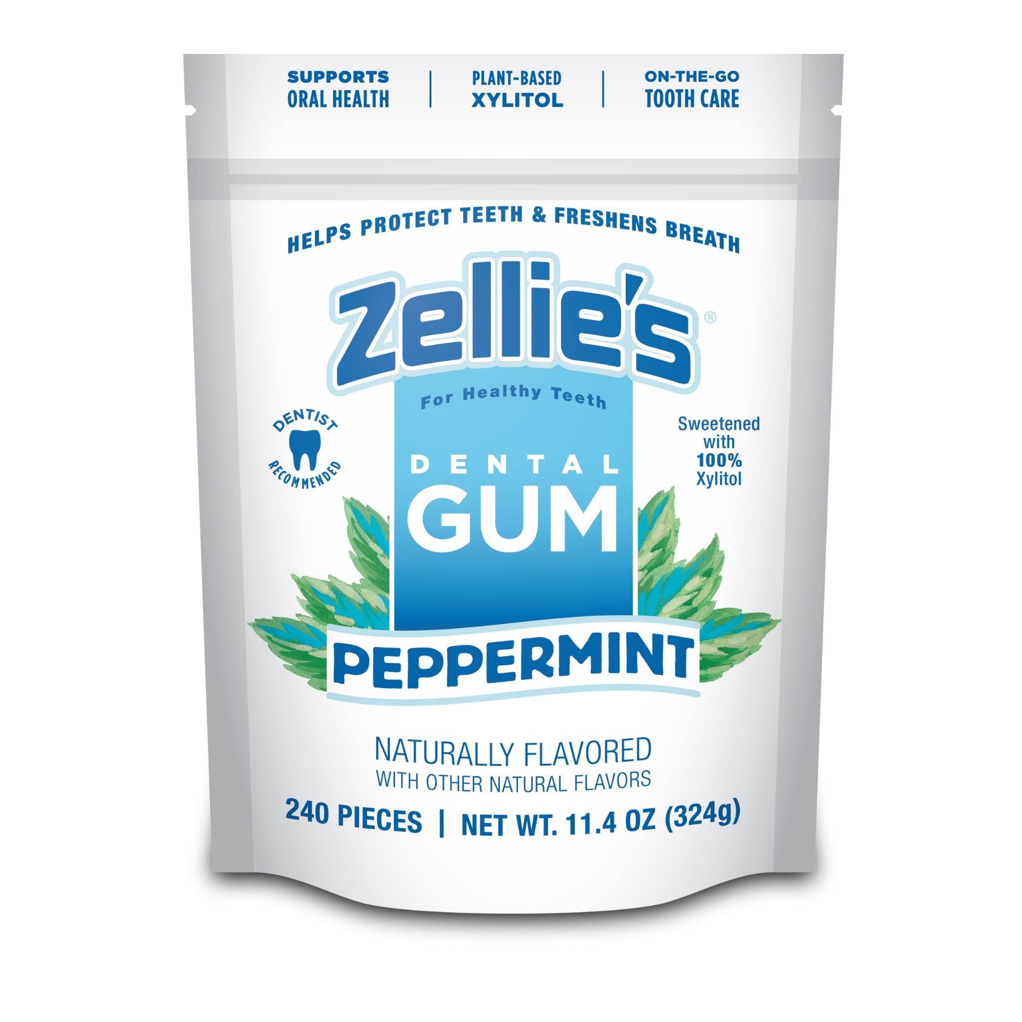 Zellie's empaque frontal mostrando 240 chicles y beneficio frescor