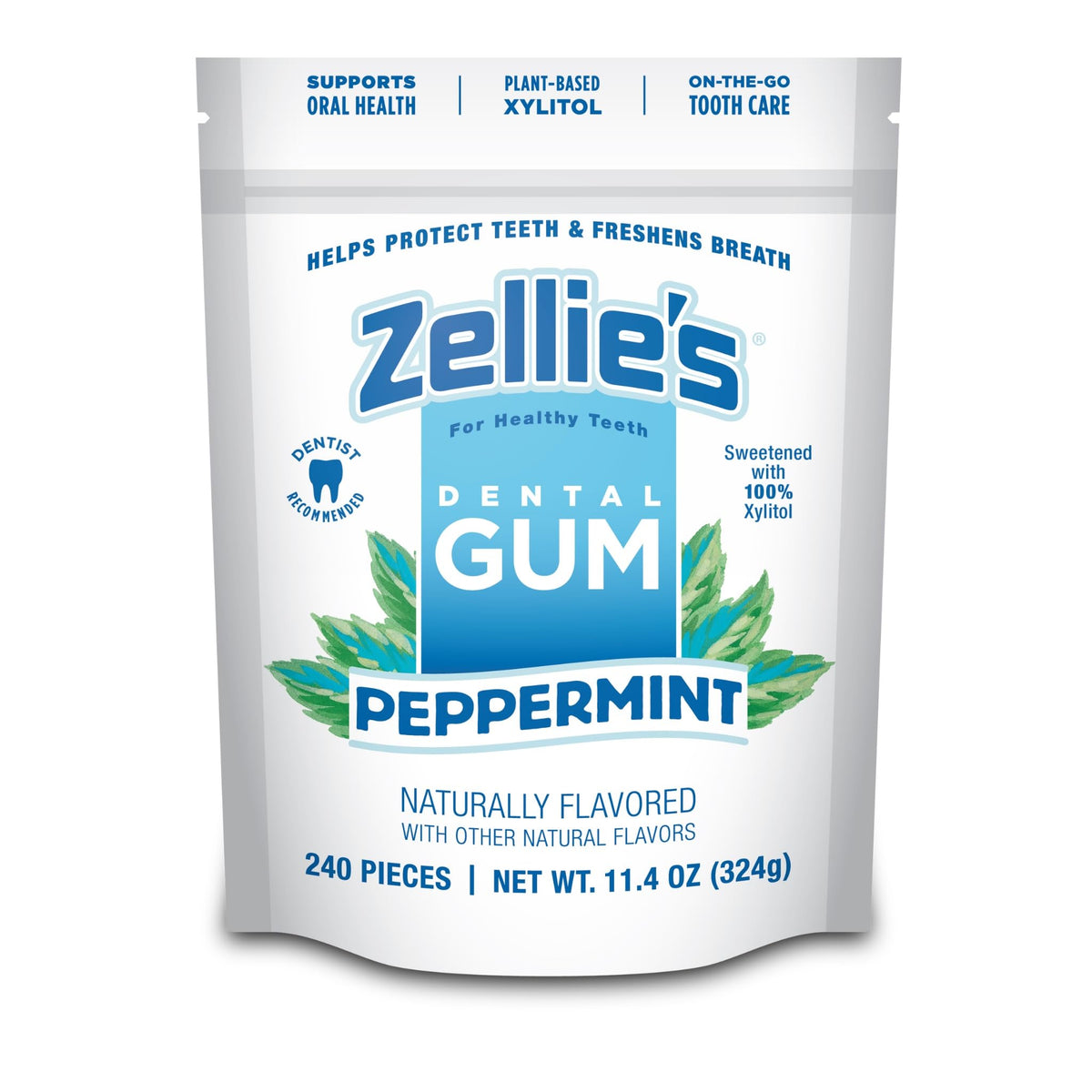 Zellie's empaque frontal mostrando 240 chicles y beneficio frescor