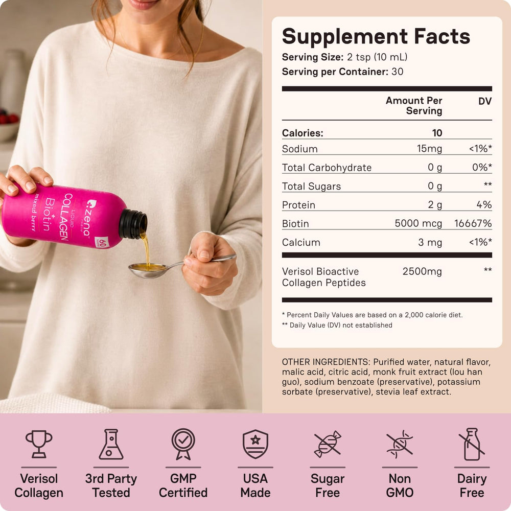 Zena Nutrition botella en mano para comparar tamaño y facilidad de dosificación