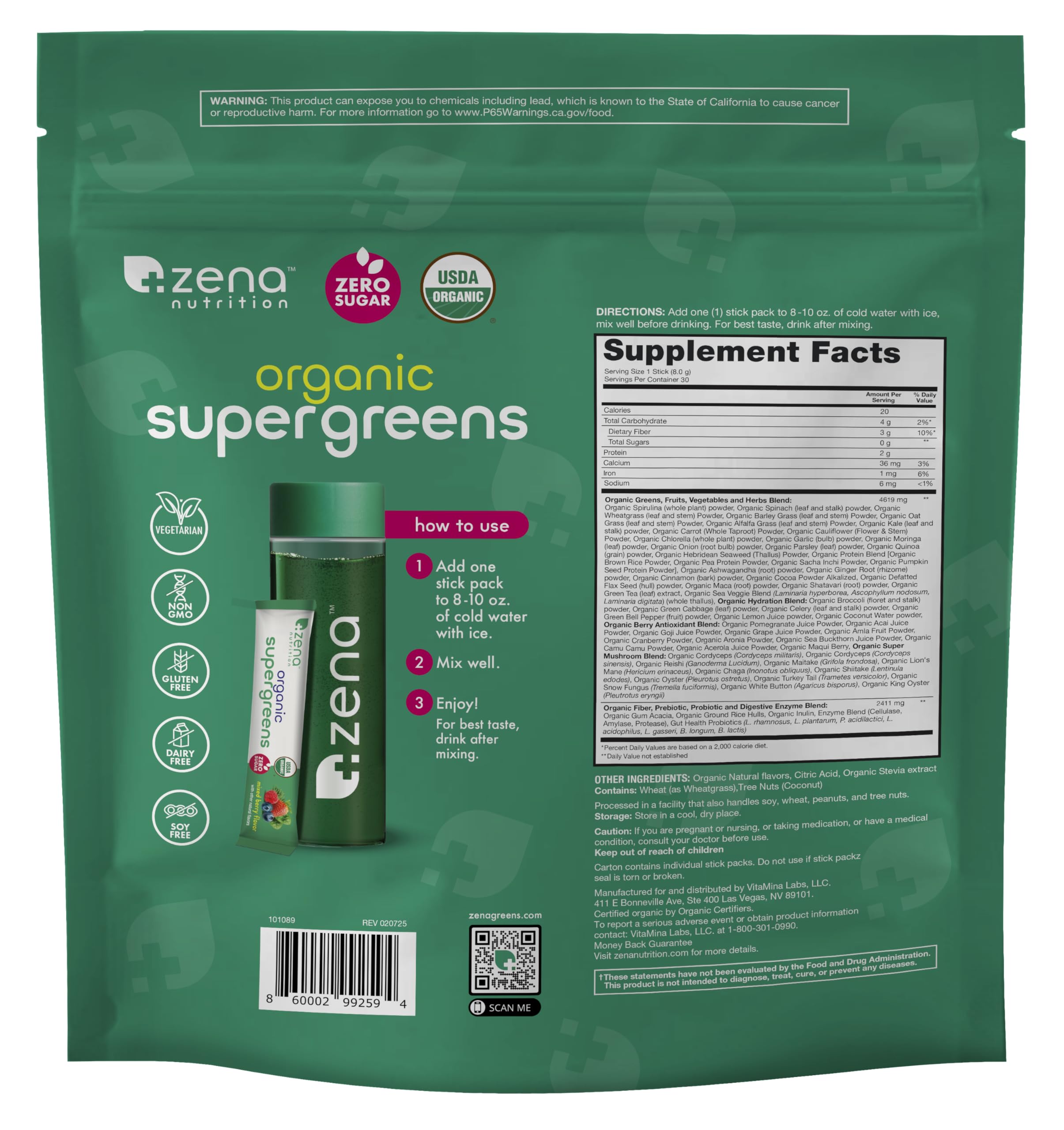 Zena Nutrition comparación de tamaño del sobre junto a una mano para referencia de porción