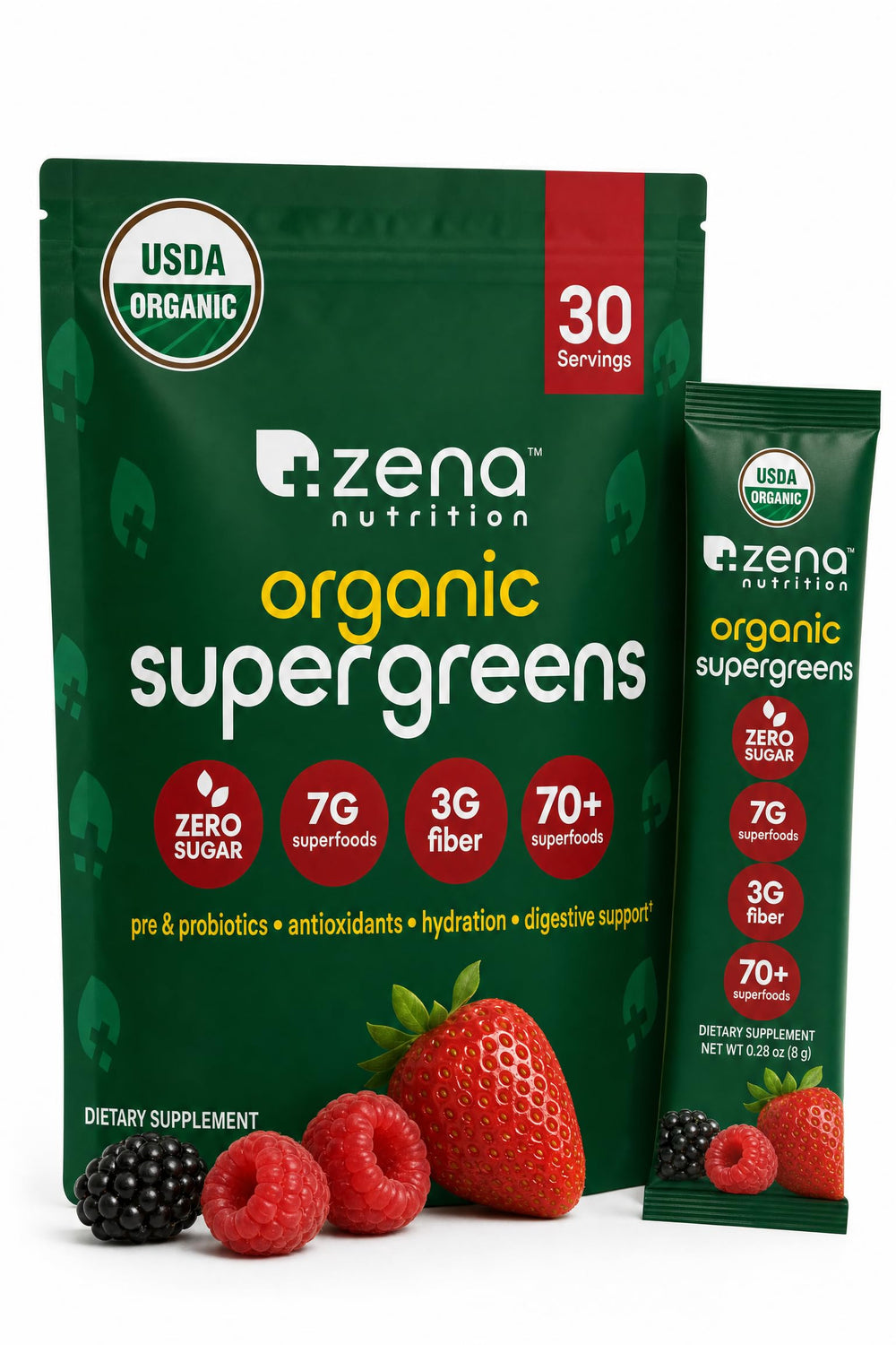 Zena Nutrition paquete frontal mostrando sobres y sello orgánico para confianza